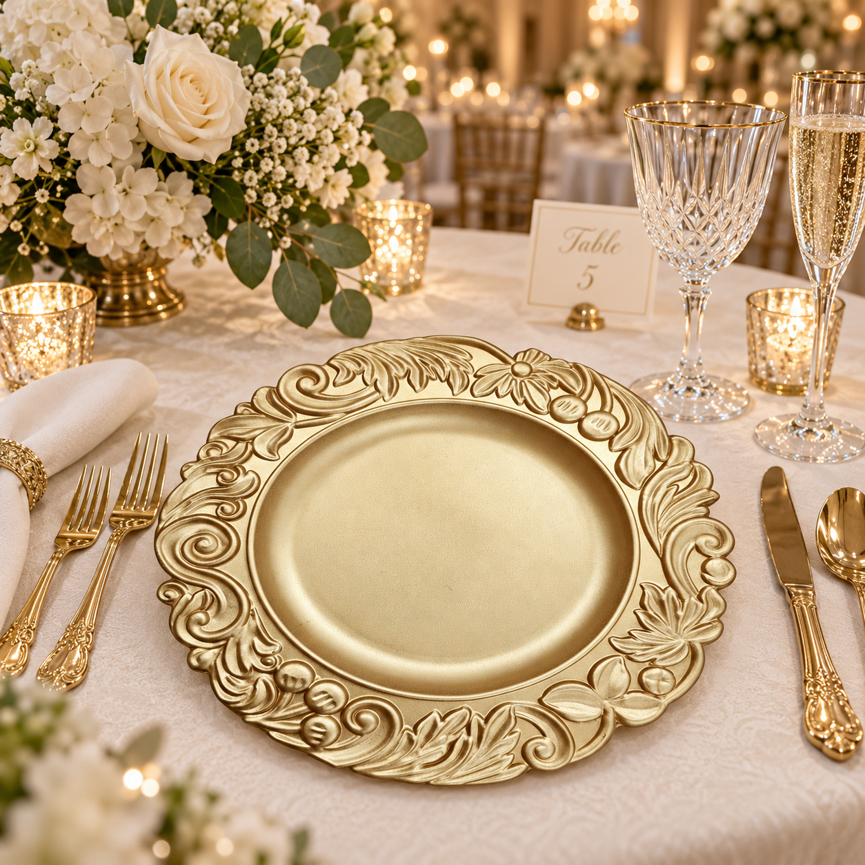 woju 13inch gold pp charger plates reusable baroque floral scroll embossed rim decorative plates for wedding hotel  banquet table setting-1