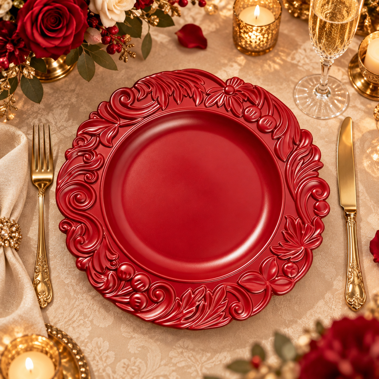 woju 13inch gold pp charger plates reusable baroque floral scroll embossed rim decorative plates for wedding hotel  banquet table setting-3