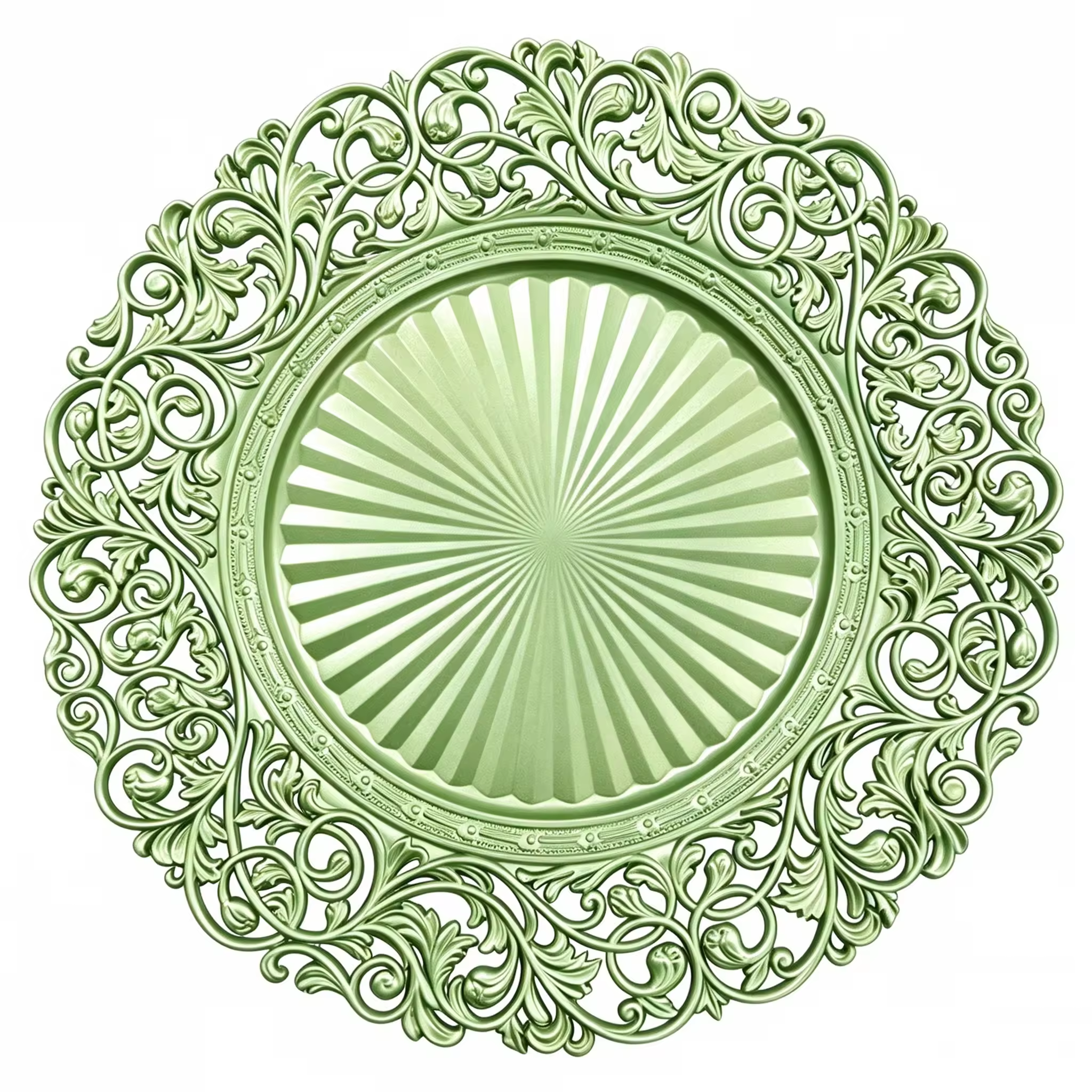 Woju 13‑Inch Matte Sage Green PP Plastic Charger Plates, Round Decorative Underplates with Hollow‑Out Scroll Floral Lace Rim & Sunburst Embossed Center for Wedding Banquet Hotel Table Setting