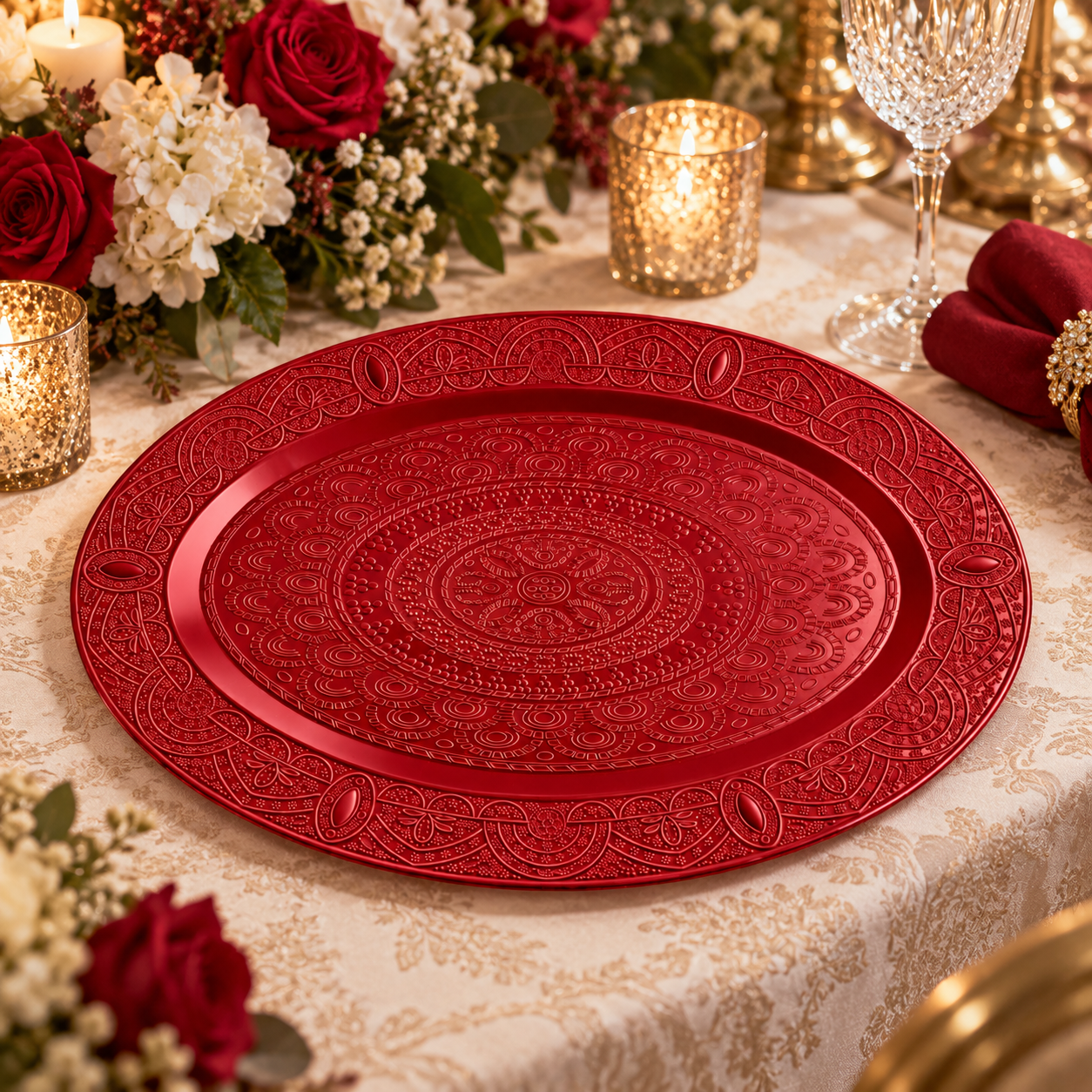 wojia luxury silver charger plate powder coated embossed mandala oval design for wedding banquet hotel tabletop decor-3