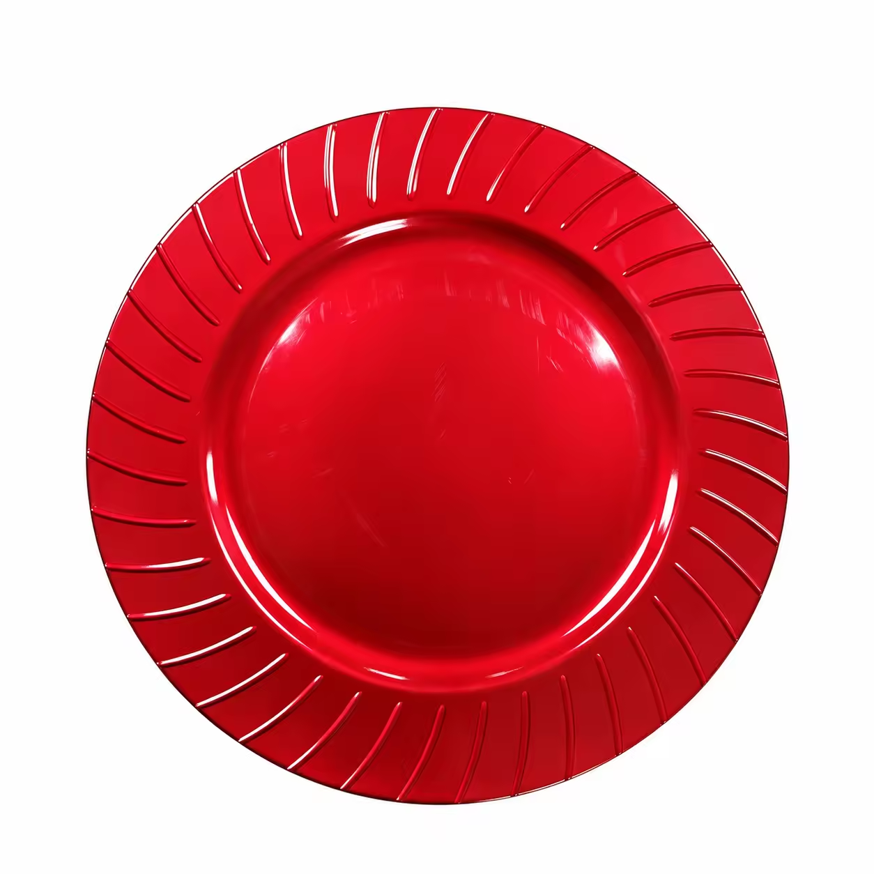 Woju 13 Inch Red Plastic Charger Plates, Powder‑Coated Glossy Charger Plates with Radial Ribbed Rim for Holiday, Wedding, Banquet & Hotel Table Setting