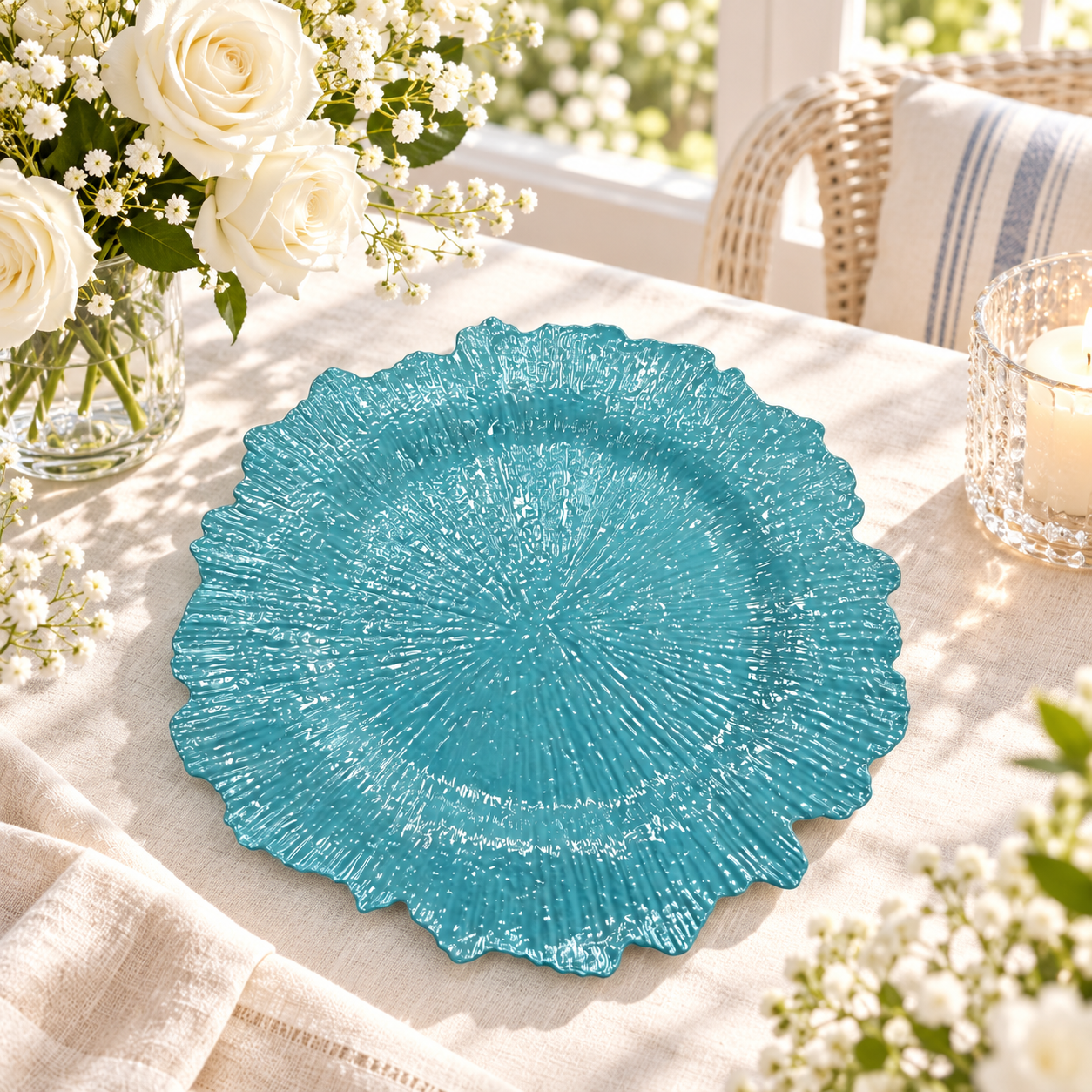 woju coastal 13in multicolor charger plate powdercoated plastic decorative plate with textured scalloped rim for hotel wedding table decor-1