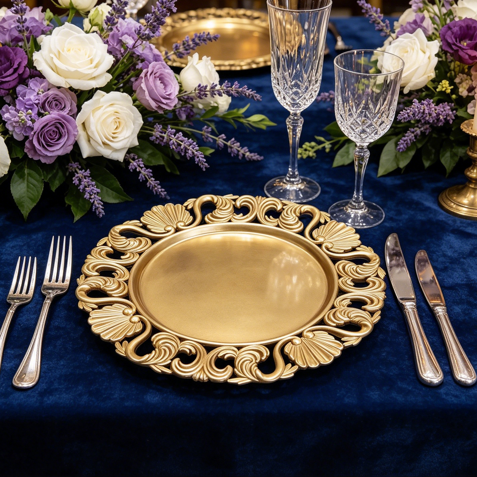 custom gold openwork rim charger plates for luxury wedding planner and high end party supplies593-3