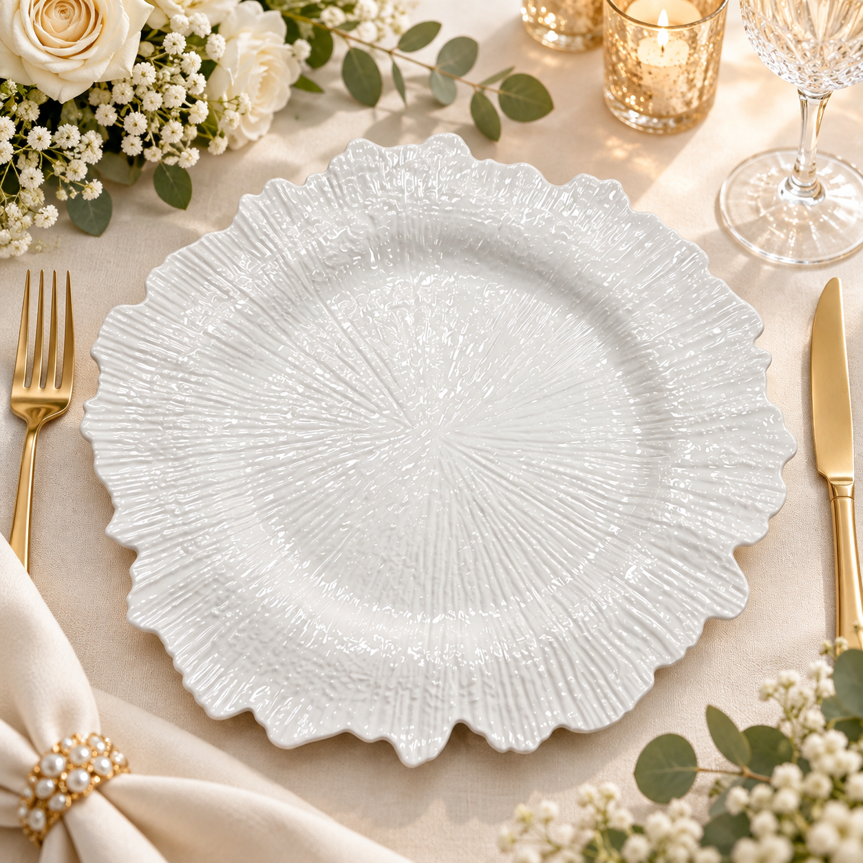 13 inch textured plastic charger plates radiant sunburst embossed scalloped edge decorative under plates for wedding party  holiday table setting-2