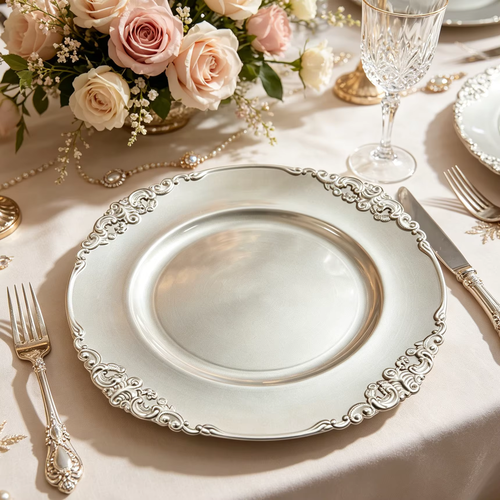 ornate baroque gold charger plates with embossed scroll rim for luxury wedding banquet table setting-3