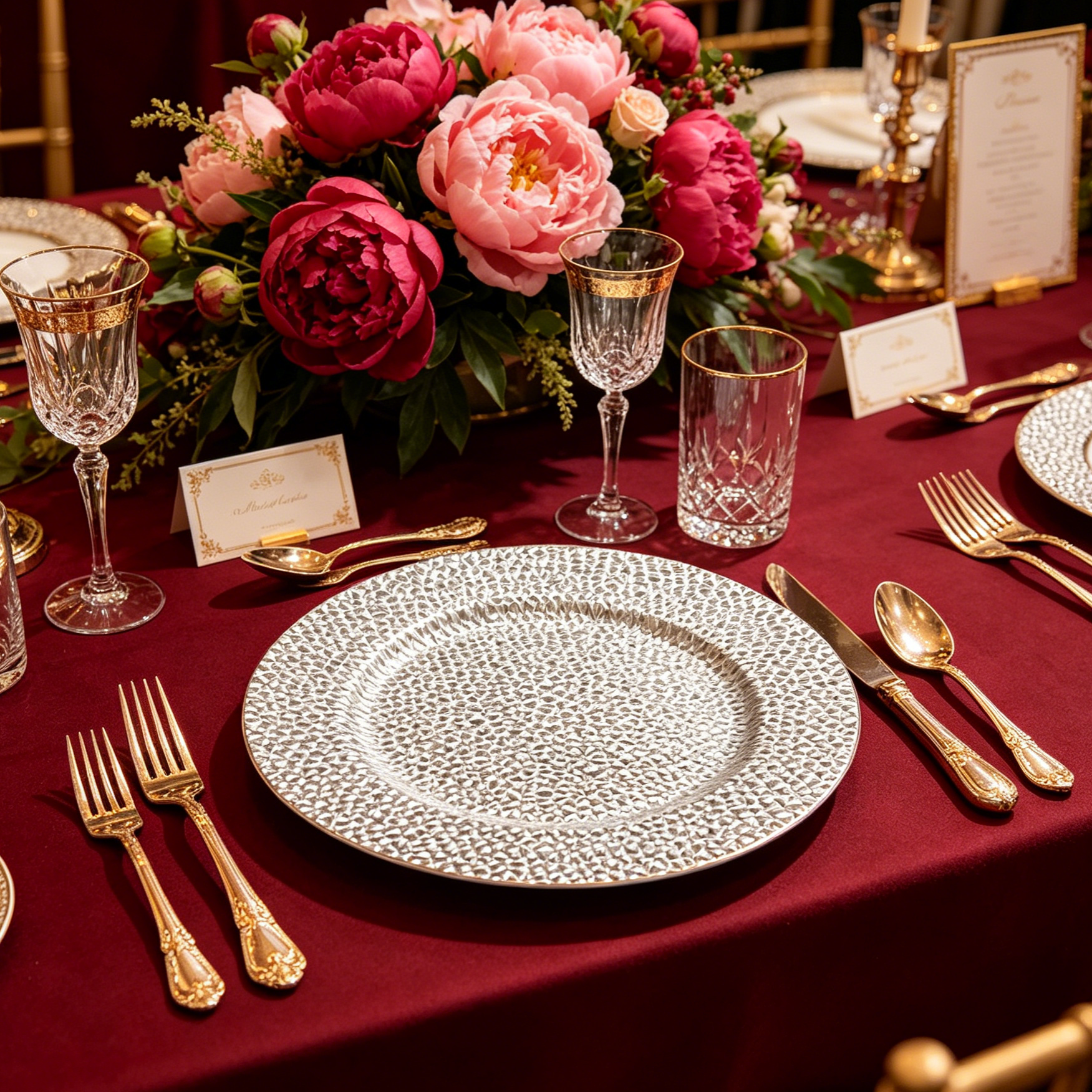 wojia 13 inch hammered pebble textured gold charger plates powdercoated plastic decorative service plates for wedding banquet event catering table decor-4