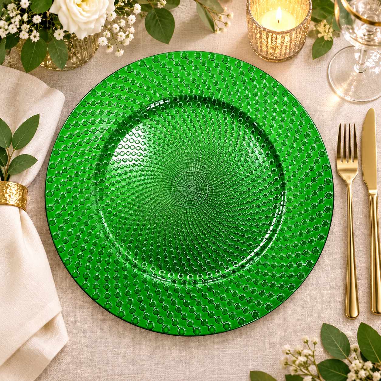 modern 13in plastic charger plate powder coated radiating bead texture luxury green design for party banquet event-1