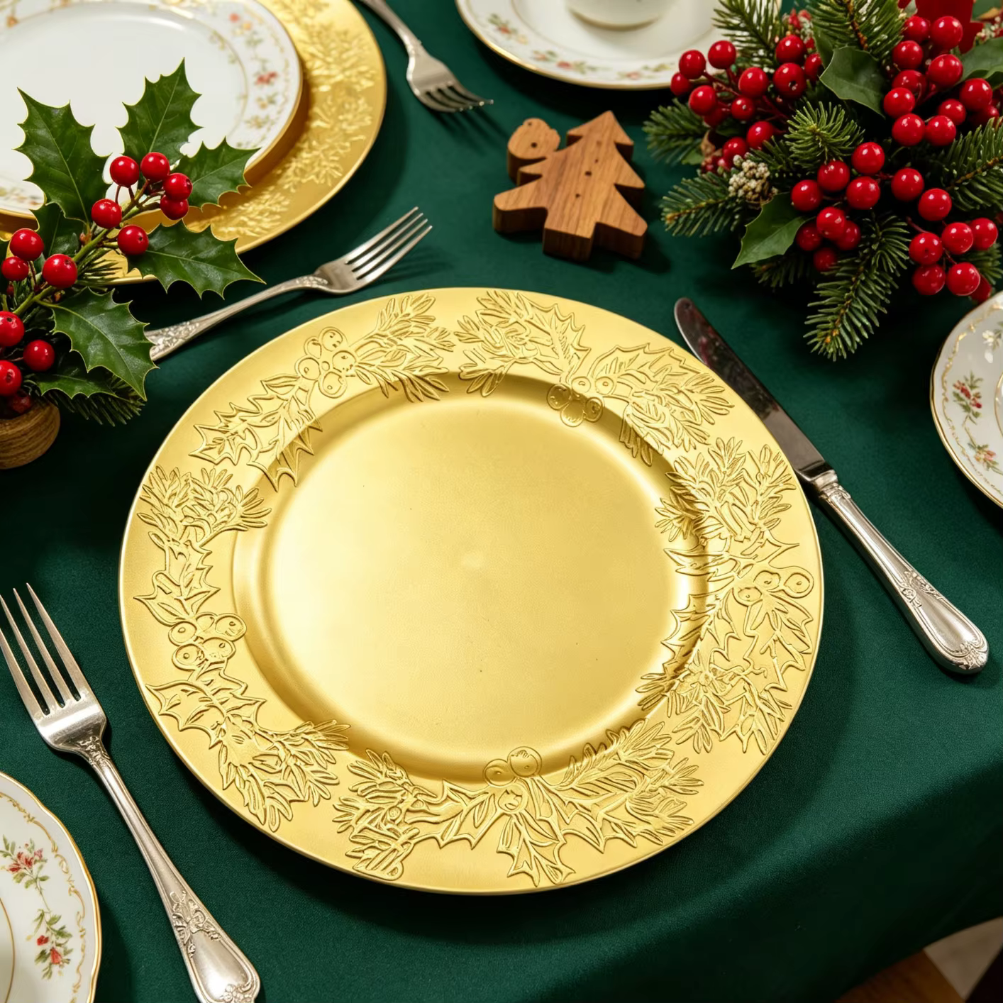 customizable durable 13 inch gold pp holly and pine charger plates for corporate christmas parties year end events-1