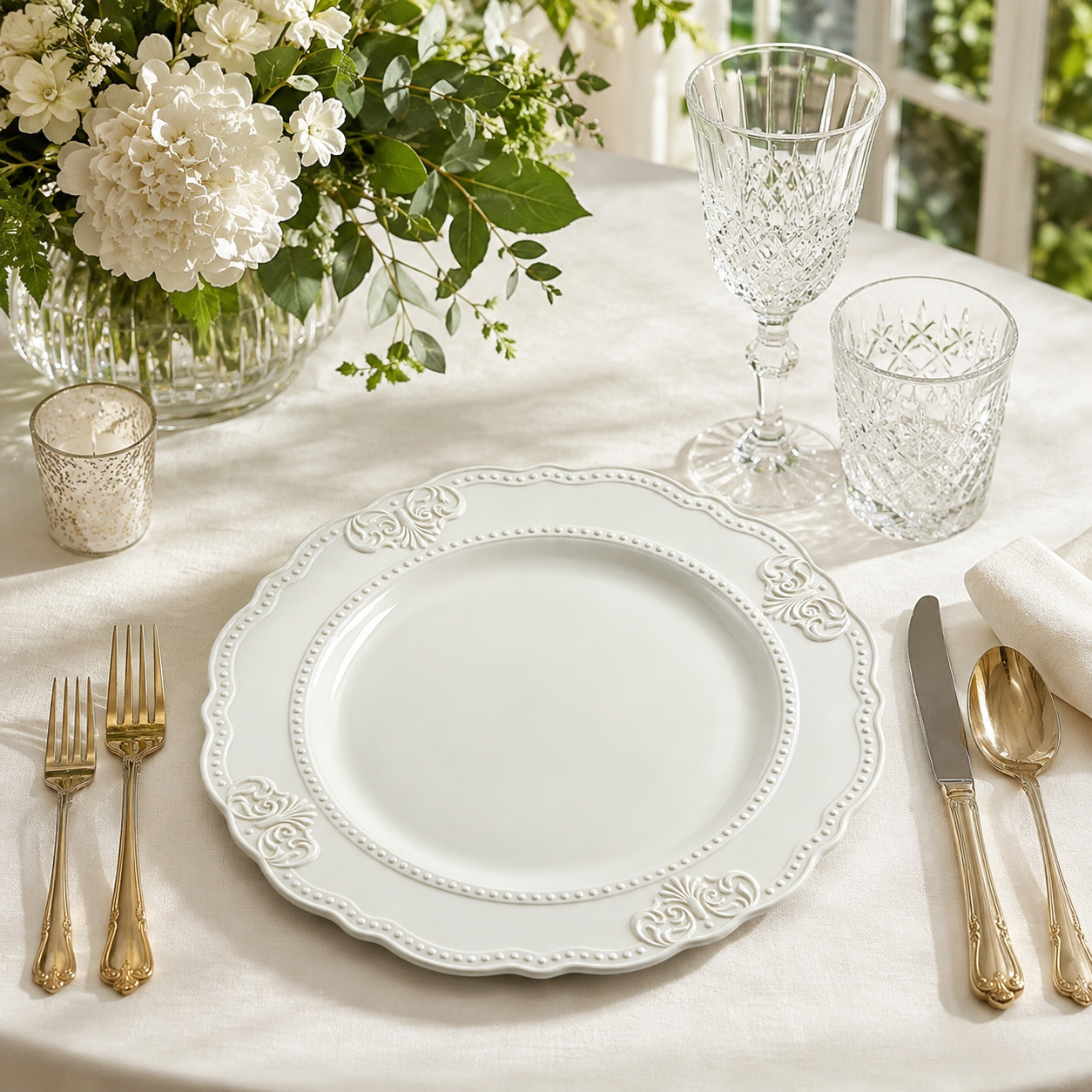 woju 13inch glossy dark green pp plastic charger plates scalloped shape decorative underplates with beaded rim  vintage scroll embossment for wedding banquet hotel table setting-3