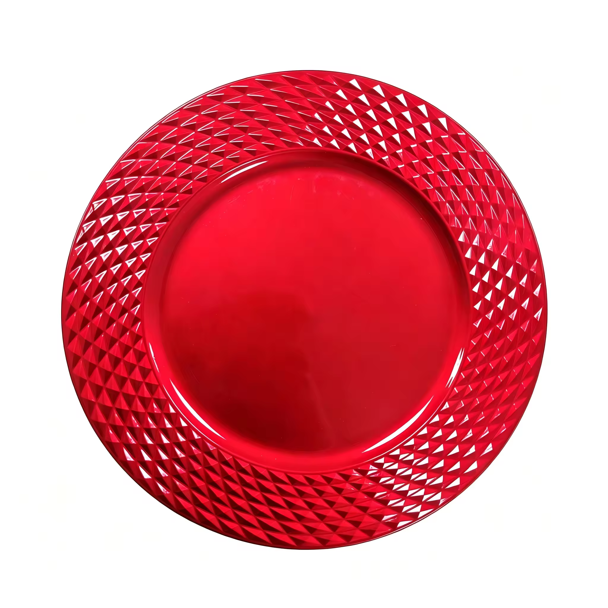 Wojia 13in Red Electroplated Diamond Texture Charger Plate Modern Luxury Plastic Underplate Christmas Party Event Table Decor