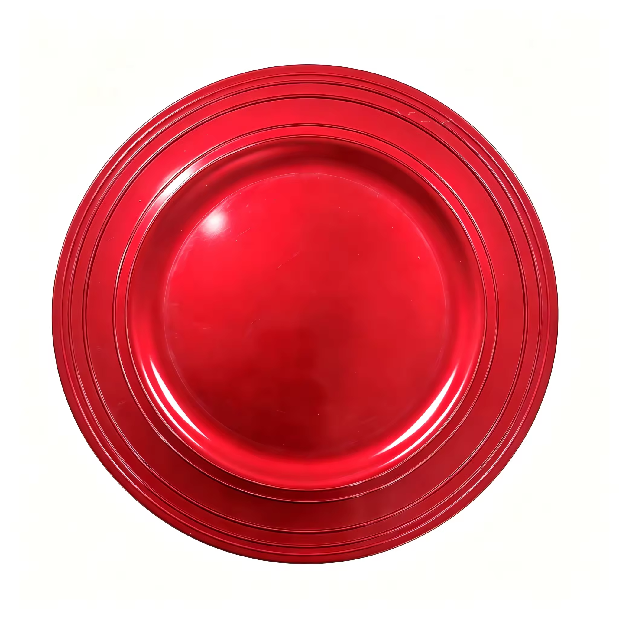 Woju 13‑Inch Metallic Gold PP Plastic Charger Plates, Glossy Round Decorative Underplates with Multi‑Layer Concentric Grooved Rim for Wedding Banquet Hotel Table Setting