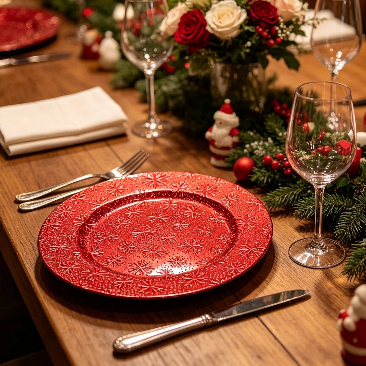 woju red pp plastic charger plates embossed 3d snowflake pattern decorative underplates for christmas holiday wedding  hotel banquet table setting-3