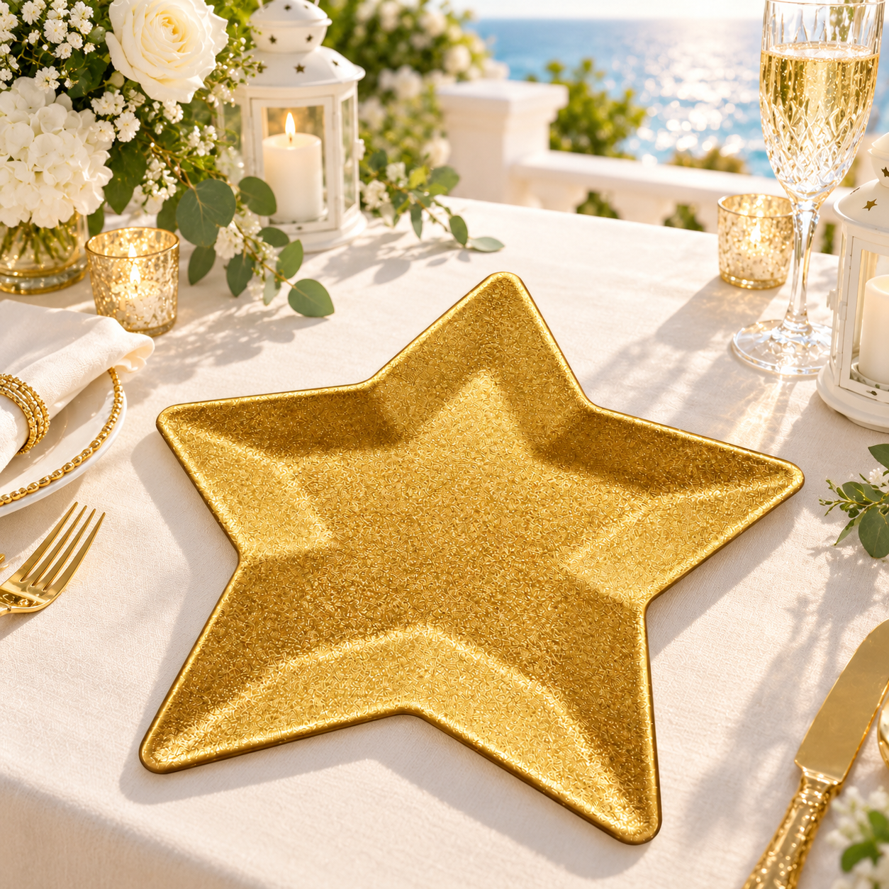 wojia 13in modern silver star charger plate powder coated glitter textured design for holiday party event table decoration-2