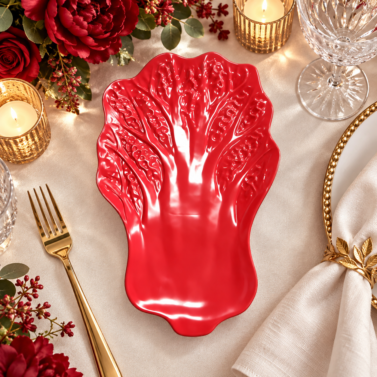 13in plastic charger plate powder coated cabbage shape embossed leaf texture modern green white for restaurant event-4