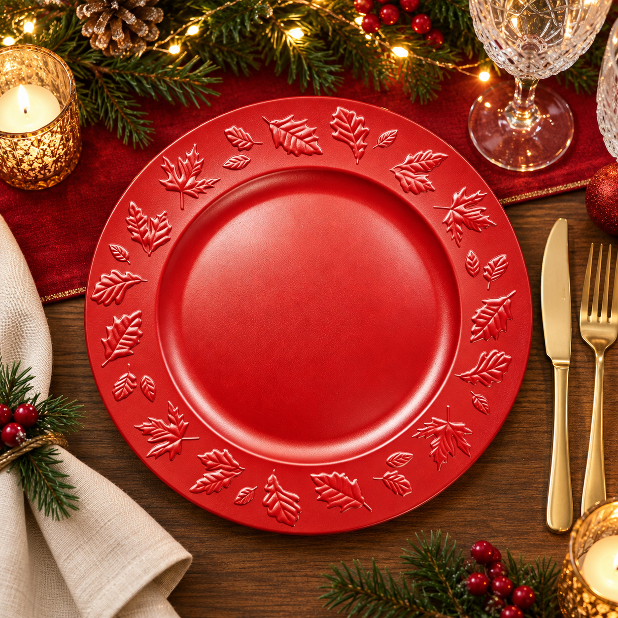 woju 13inch matte dark green pp plastic charger plates round decorative underplates with rimsurrounding embossed maple  oak leaves for wedding banquet hotel table setting-1