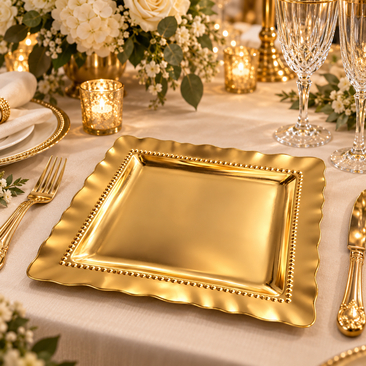 wojia 13in red powder coated square charger plate luxury scalloped beaded rim plastic underplate wedding party table decor-3