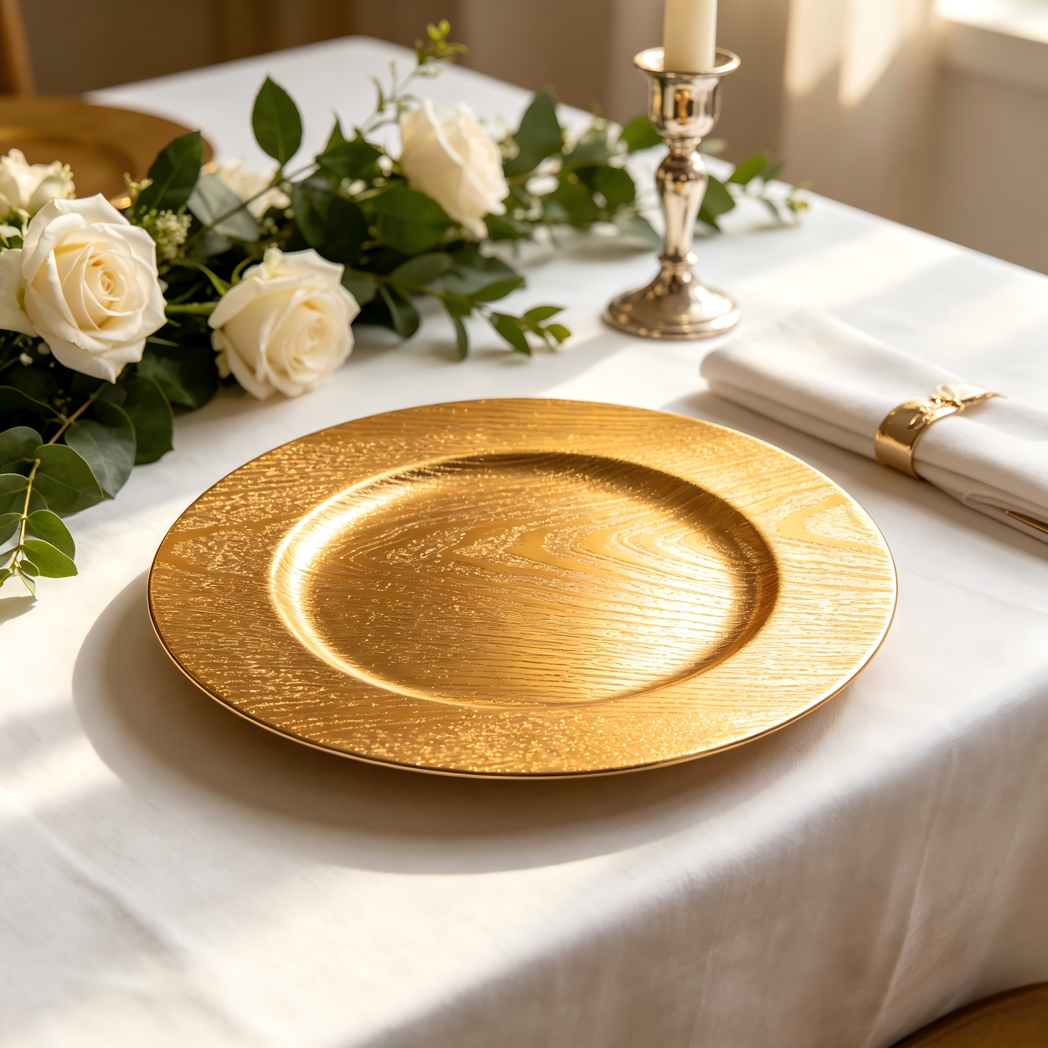 woju 13 inch gold plastic charger plates powdercoated embossed wood grain textured decorative underplates for wedding banquet hotel event table setting-3
