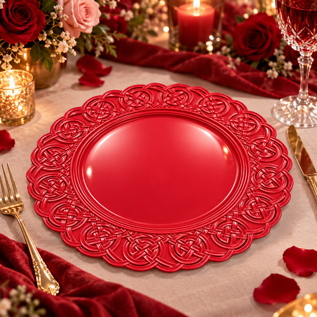 luxury plastic charger plate 13in powder coated woven knot embossed scalloped rim elegant pink design for wedding party-2