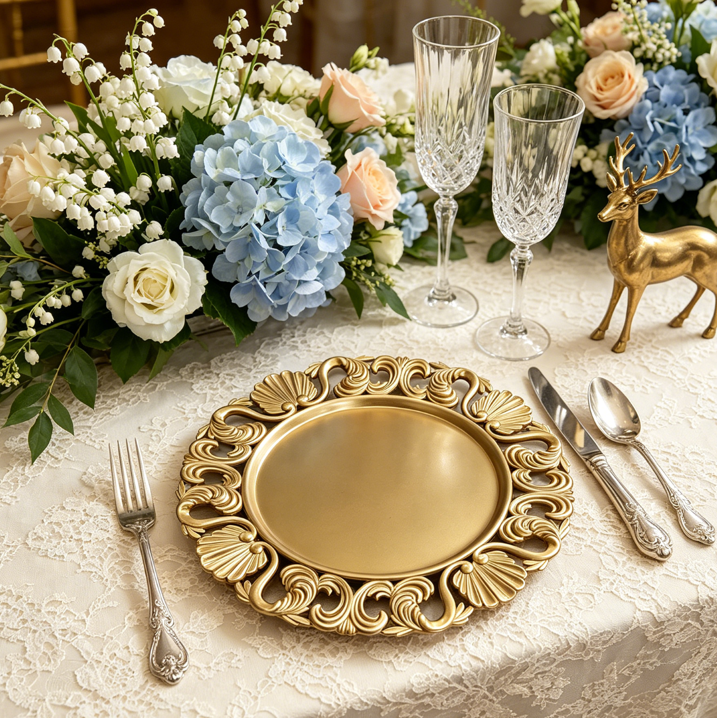 custom gold openwork rim charger plates for luxury wedding planner and high end party supplies593-2