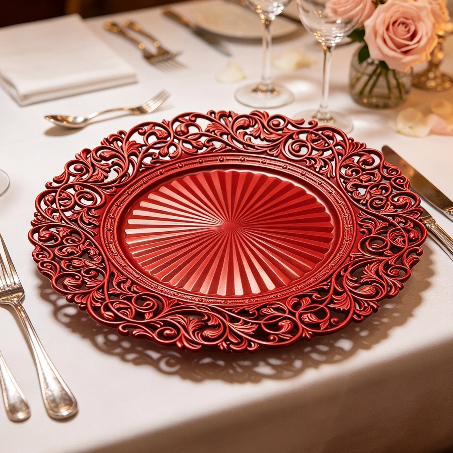 woju 13inch matte sage green pp plastic charger plates round decorative underplates with hollowout scroll floral lace rim  sunburst embossed center for wedding banquet hotel table setting-1