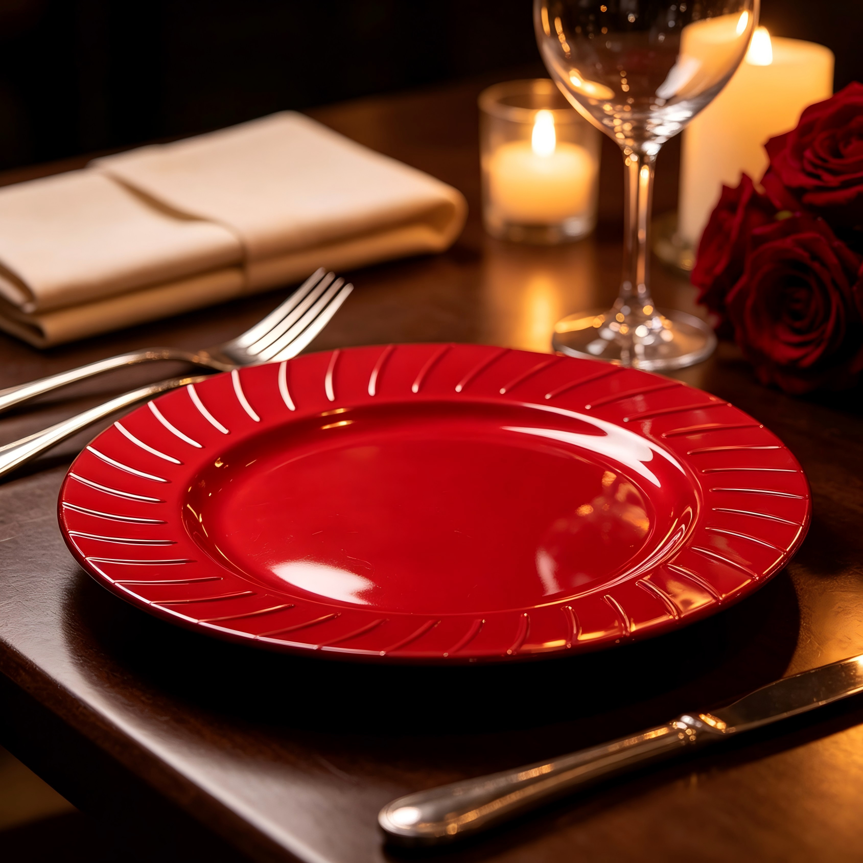 woju 13 inch red plastic charger plates powdercoated glossy charger plates with radial ribbed rim for holiday wedding banquet  hotel table setting-3