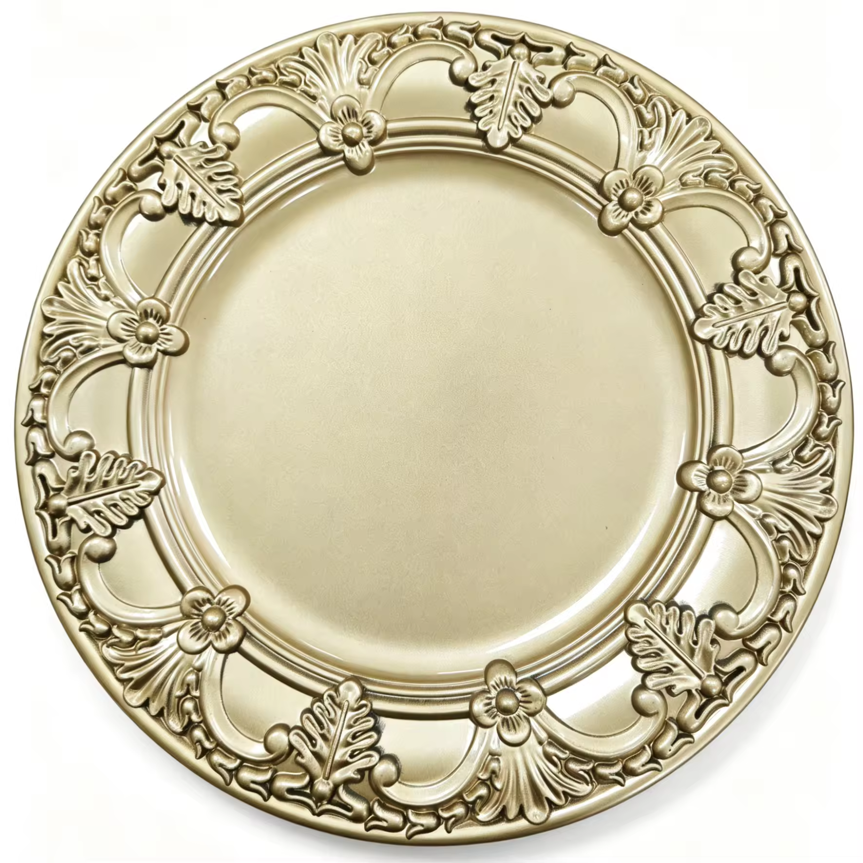 Elegant Gold Eco-Friendly American Style Christmas Charger Plates PP Plastic Embossed Floral Rim Holiday Party Home Table Decor