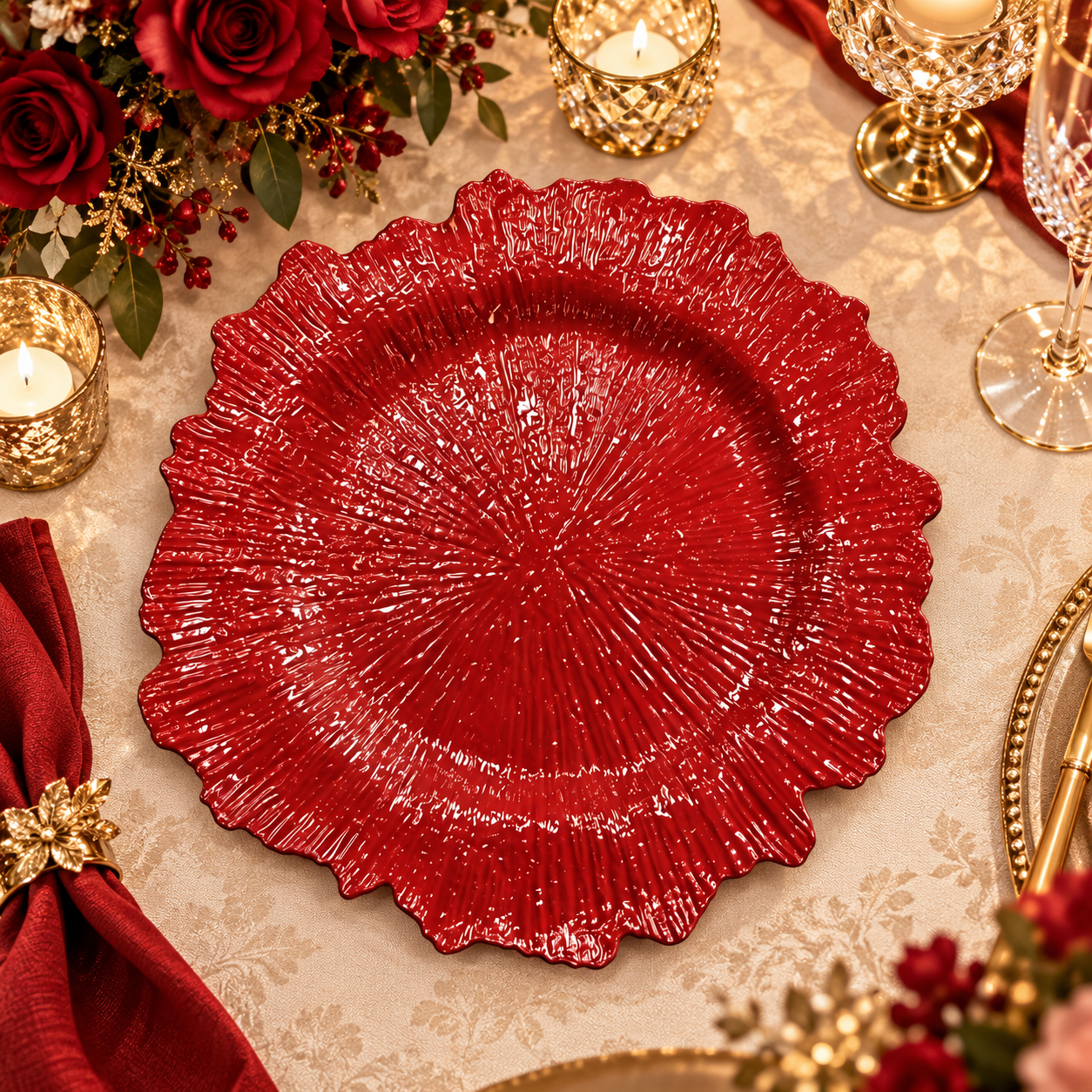 woju coastal 13in multicolor charger plate powdercoated plastic decorative plate with textured scalloped rim for hotel wedding table decor-3