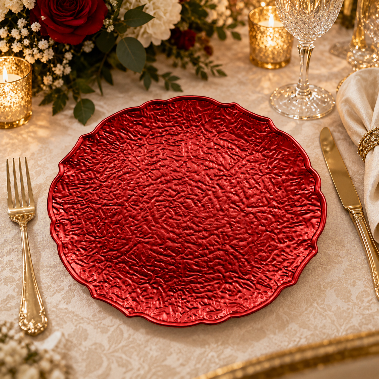 woju 13 inch wavy scalloped plastic charger plates hammered textured metallic decorative service plates for wedding banquet  event table decor multiple colors available-2