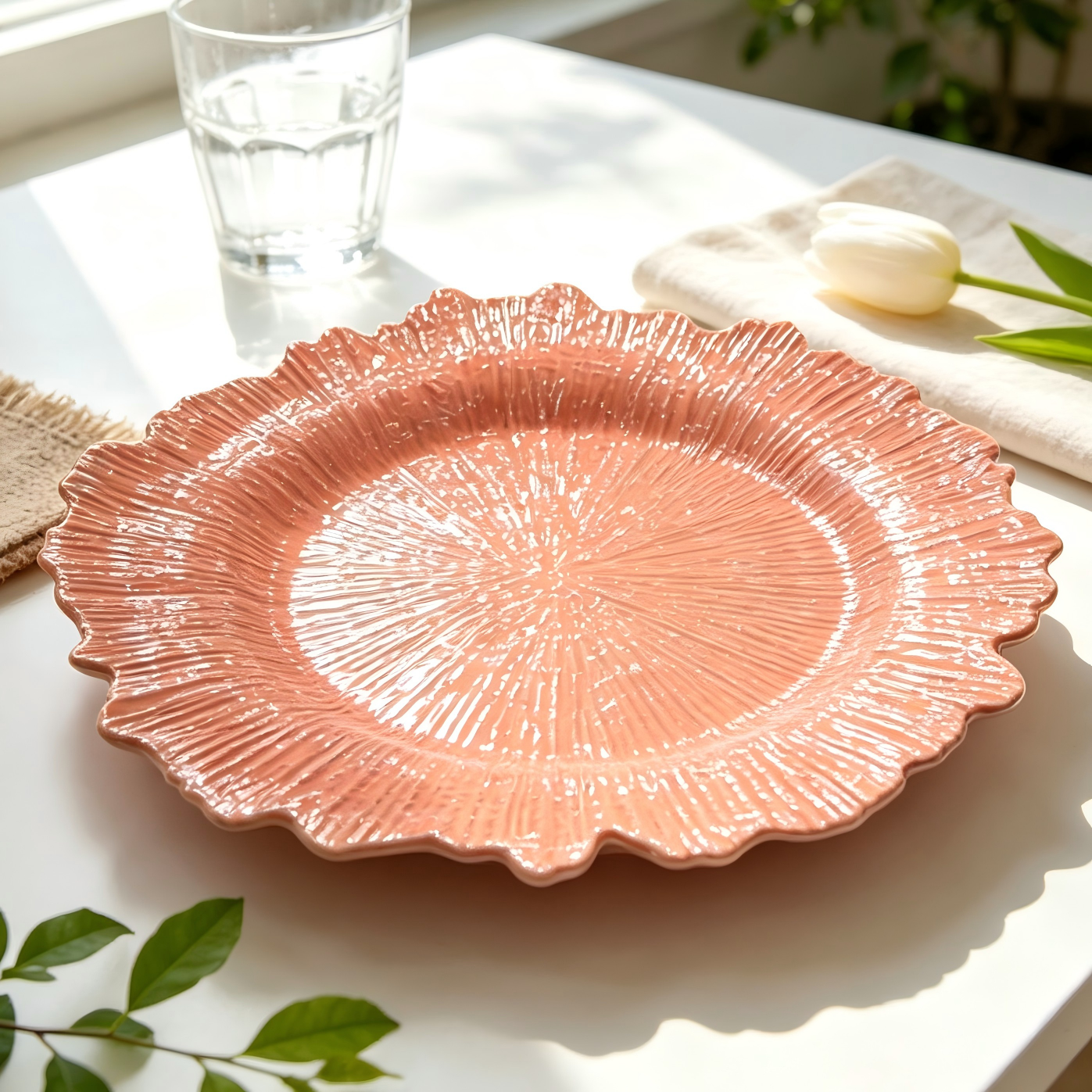 woju 13 inch light blue plastic charger plates powdercoated coralstyle radiant ripple textured decorative plates with irregular wavy edge for wedding banquet hotel table setting-1