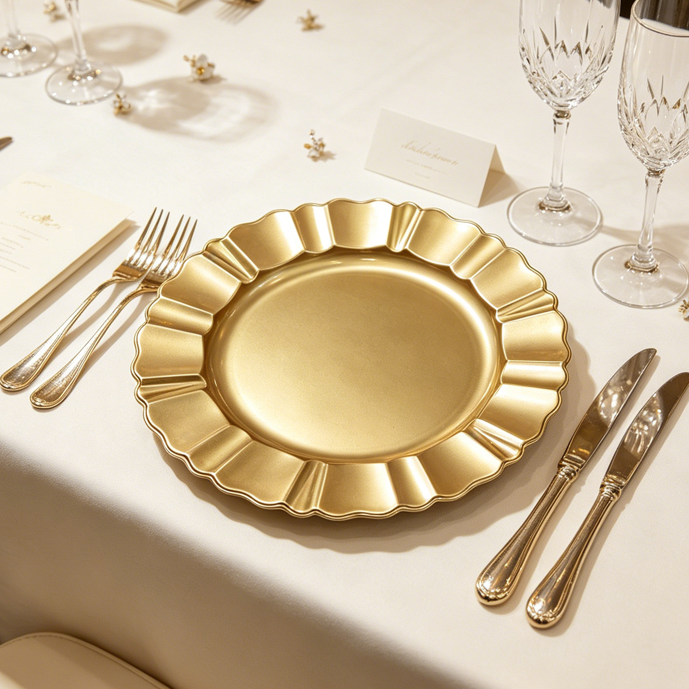 woju 13inch glossy metallic gold pp plastic charger plates round decorative underplates with scalloped ruffled rim for wedding banquet hotel table setting-2