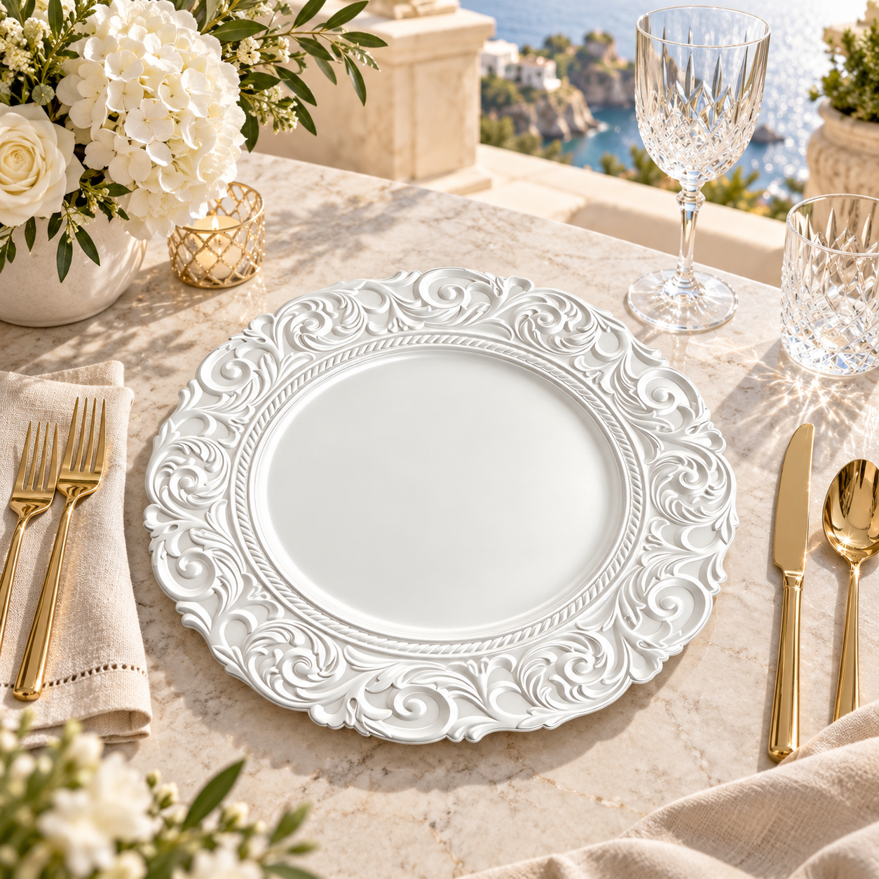 woju refined 13in silver wedding plates powder coated plastic charger plates with ornate edge for formal dinner decor-2