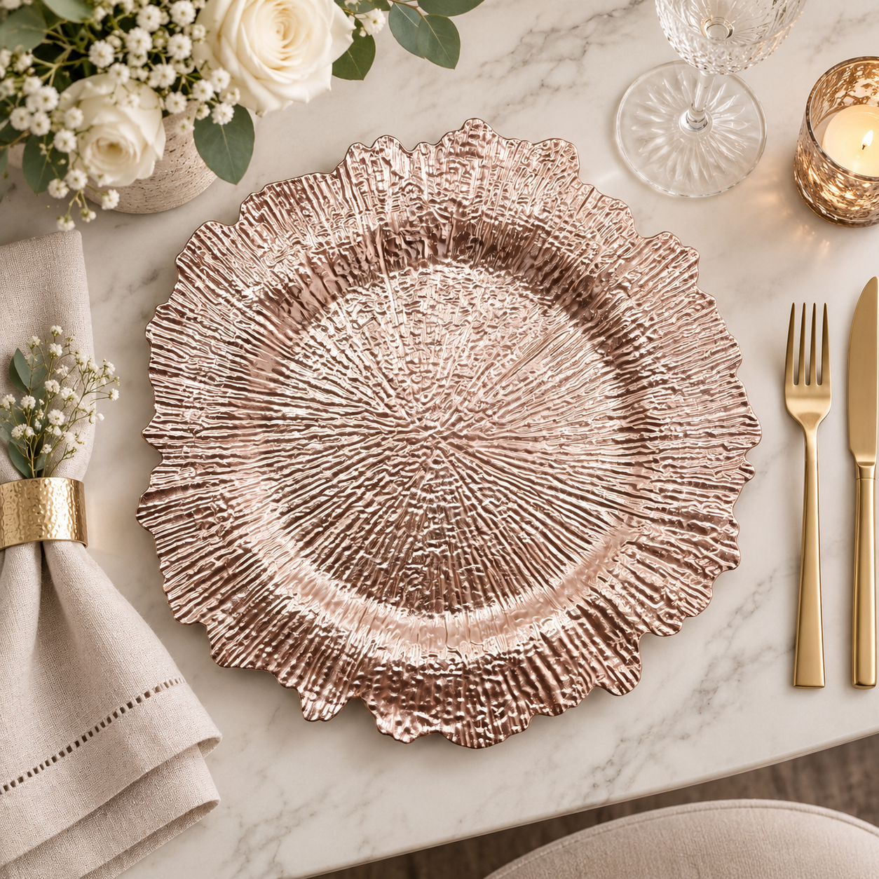 woju 13 inch rose gold plastic charger plates powdercoated radiant textured charger plates with wavy petal edge for wedding banquet event table setting-1