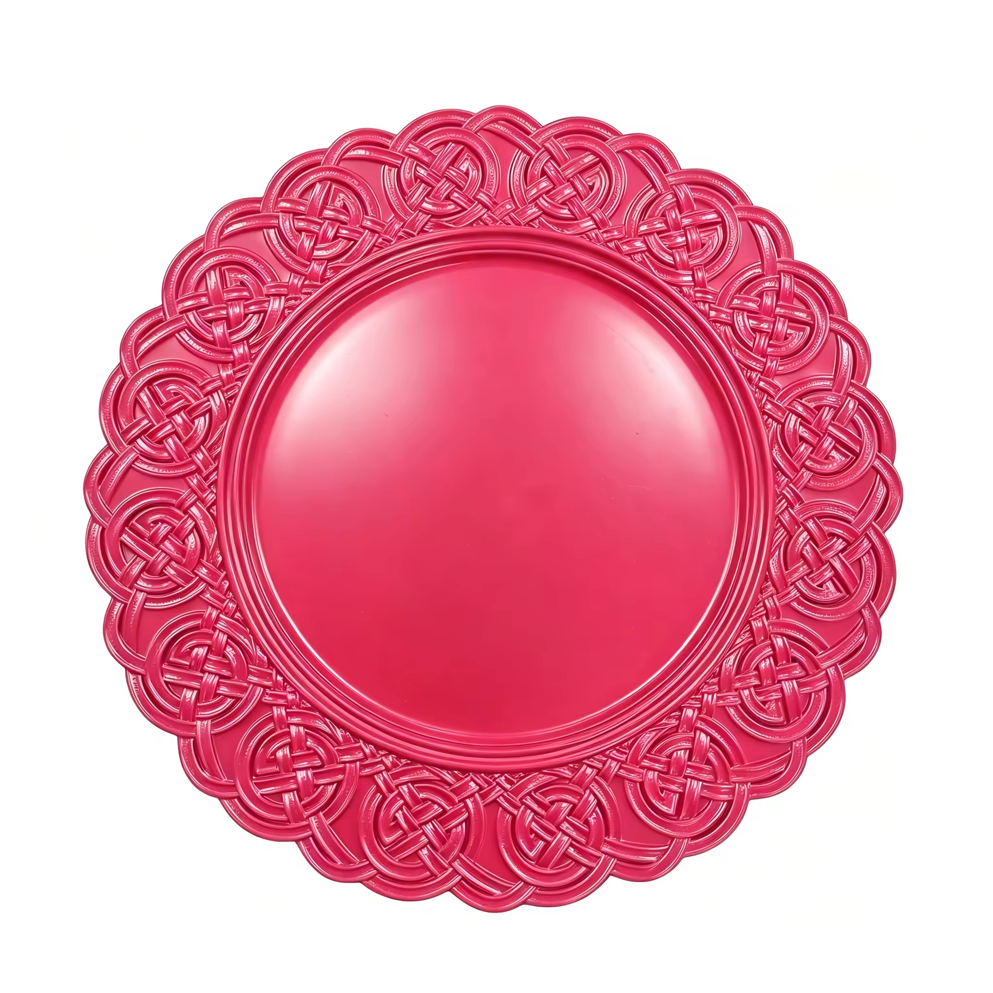 Luxury Plastic Charger Plate 13in Powder Coated Woven Knot Embossed Scalloped Rim Elegant Pink Design for Wedding Party