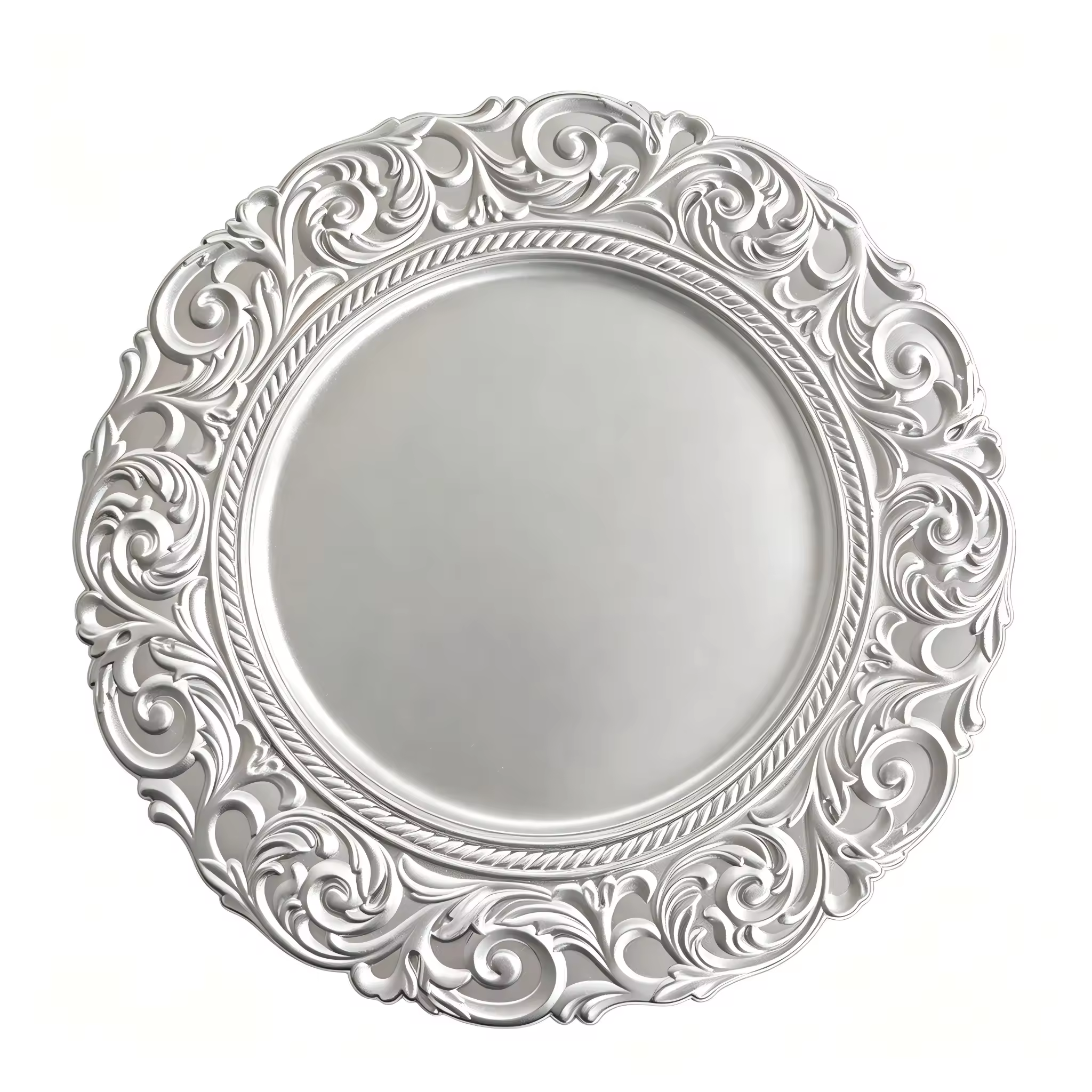 Woju Refined 13in Silver Wedding Plates Powder-Coated Plastic Charger Plates with Ornate Edge for Formal Dinner Decor