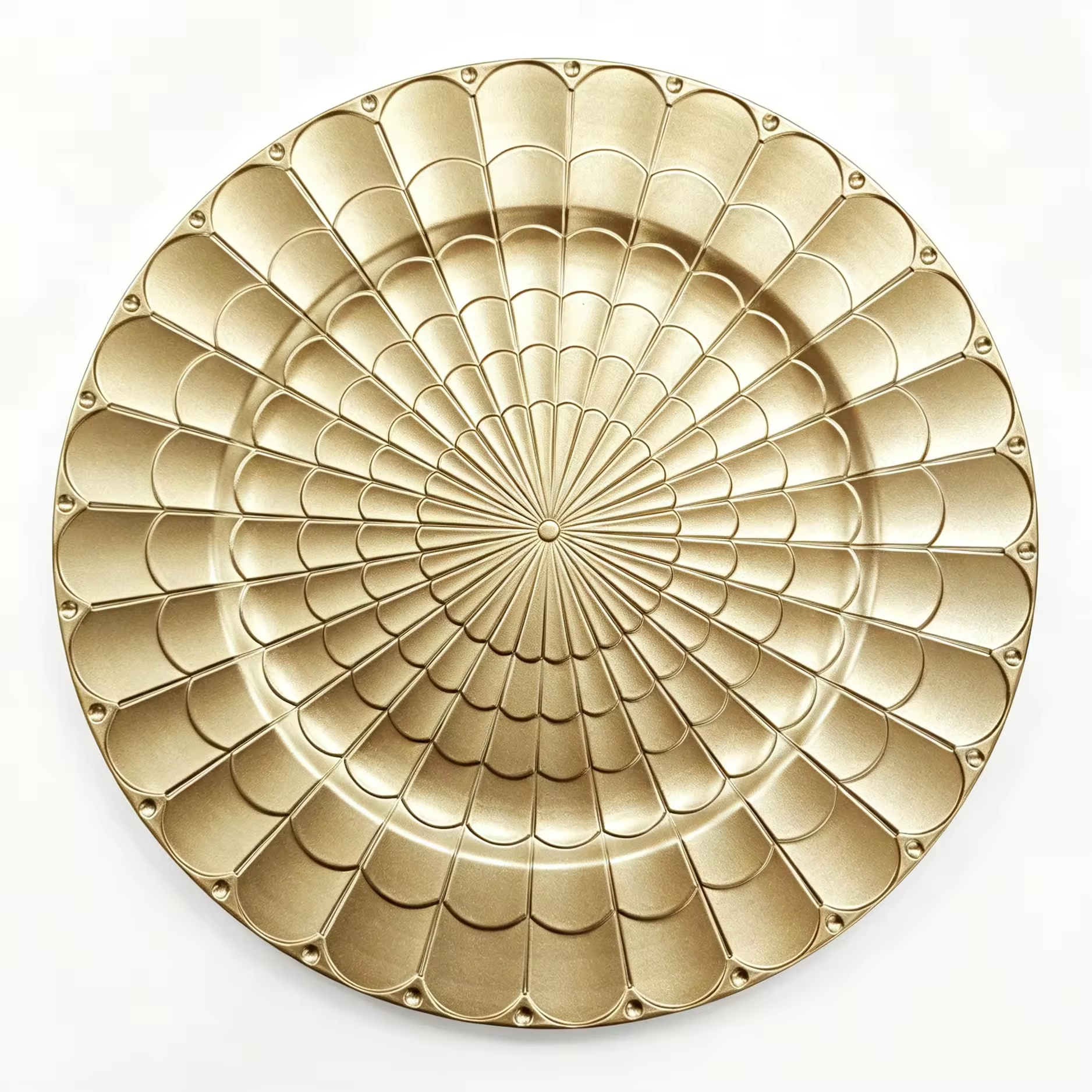 Woju 13‑Inch Matte Metallic Gold PP Plastic Charger Plates, Round Decorative Underplates with Full‑Surface Radiating Fan‑Scale Embossed Texture for Wedding Banquet Hotel Table Setting