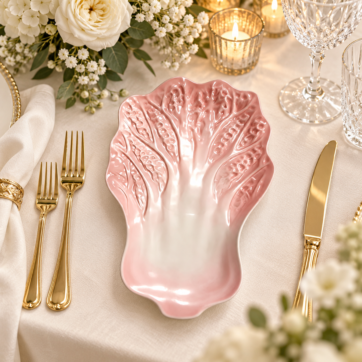 13in plastic charger plate powder coated cabbage shape embossed leaf texture modern green white for restaurant event-3