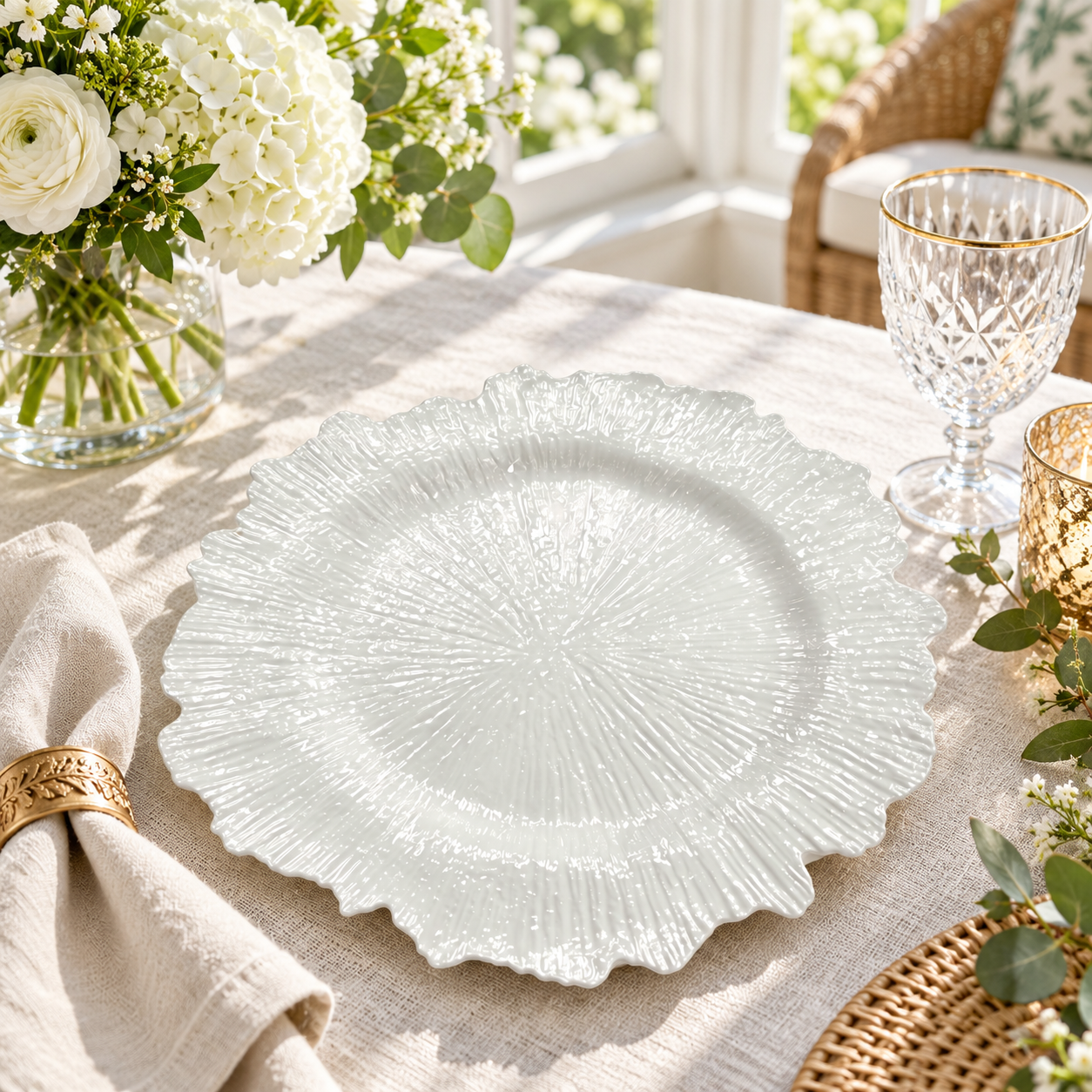 woju coastal 13in multicolor charger plate powdercoated plastic decorative plate with textured scalloped rim for hotel wedding table decor-2