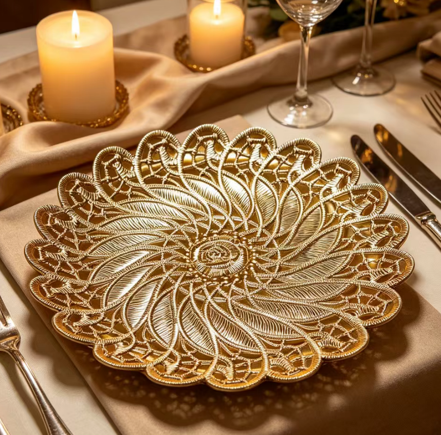 luxury 13 gold skull embossed eco friendly customized round pp charger plates for party events and weddings-1
