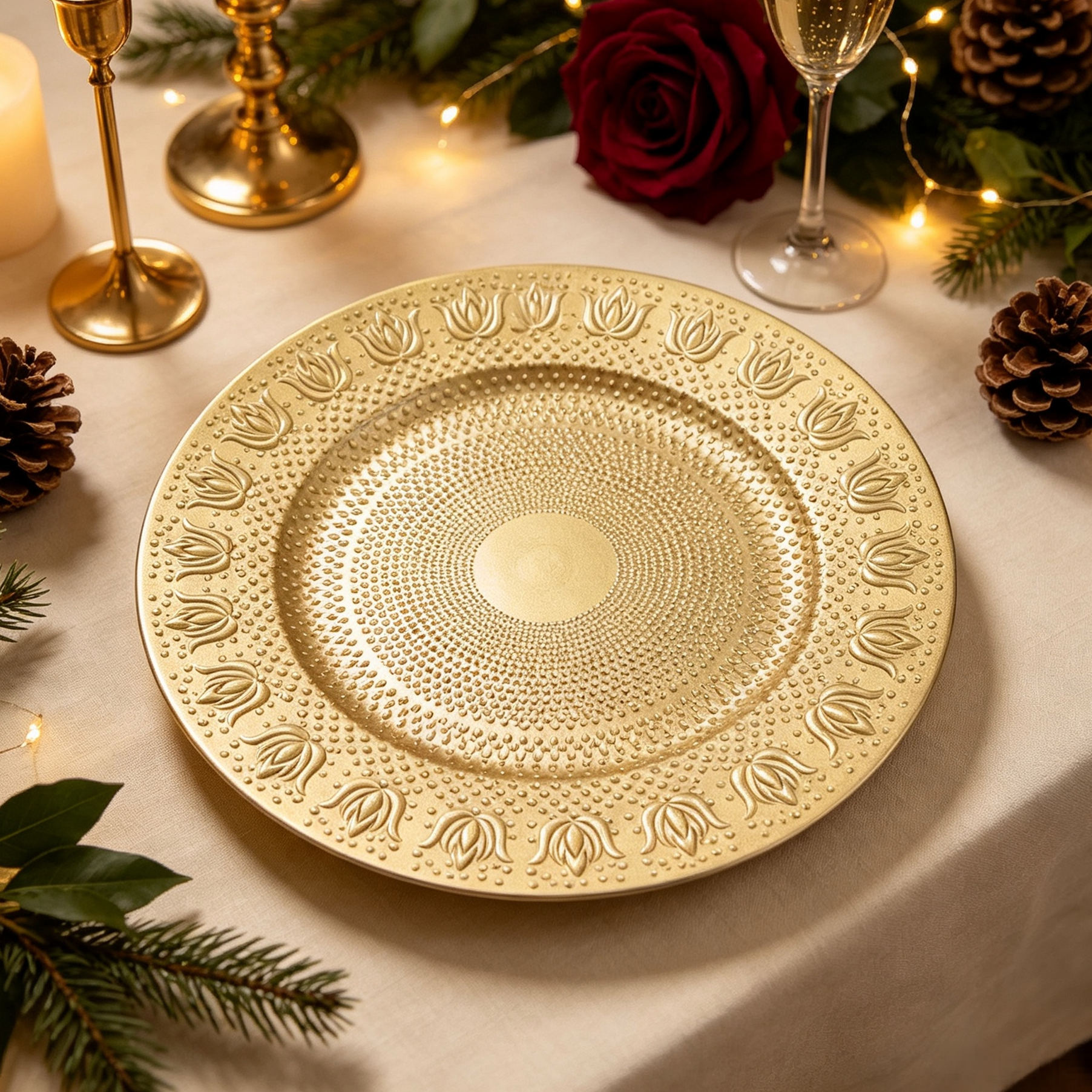 elegant gold plastic wedding charger plates luxury customized engraved pattern design durable pp material party table decoration-1