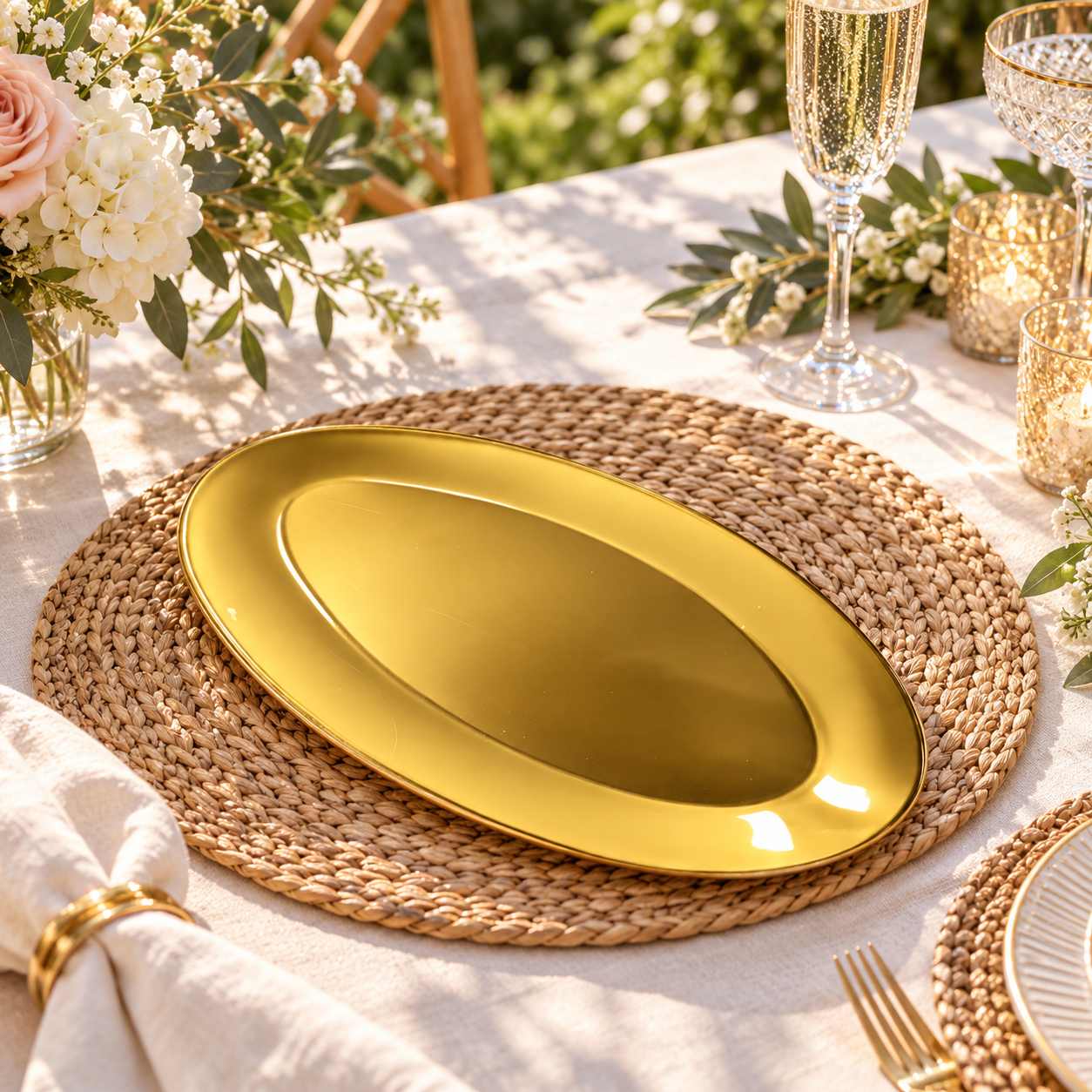 woju glossy red oval plastic charger plates powdercoated smooth decorative underplates for holiday wedding banquet  catering table setting-4