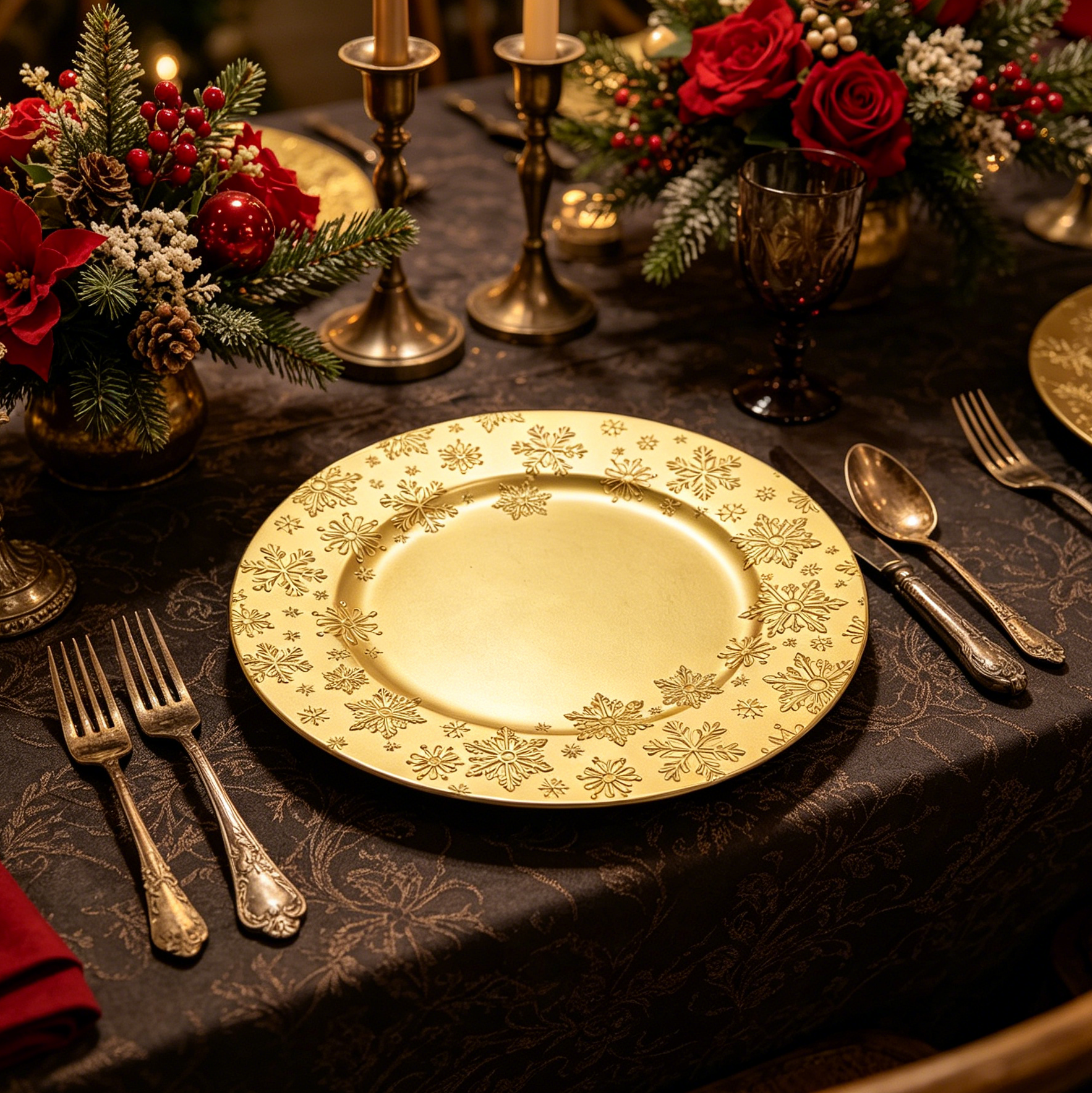 13 inch gold snowflake embossed charger plates for christmas dinner and holiday party table setting-2