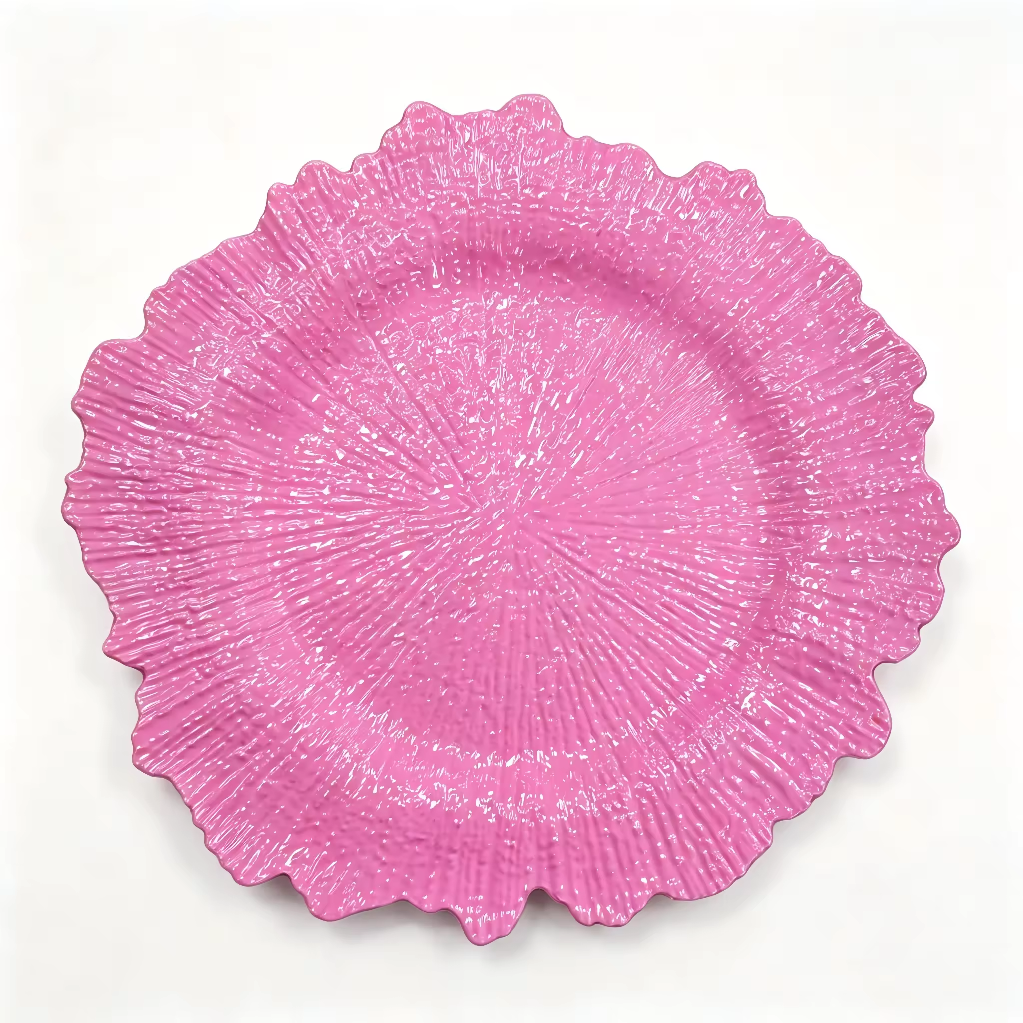 13 Inch Textured Plastic Charger Plates, Radiant Sunburst Embossed Scalloped Edge Decorative Under Plates for Wedding, Party & Holiday Table Setting
