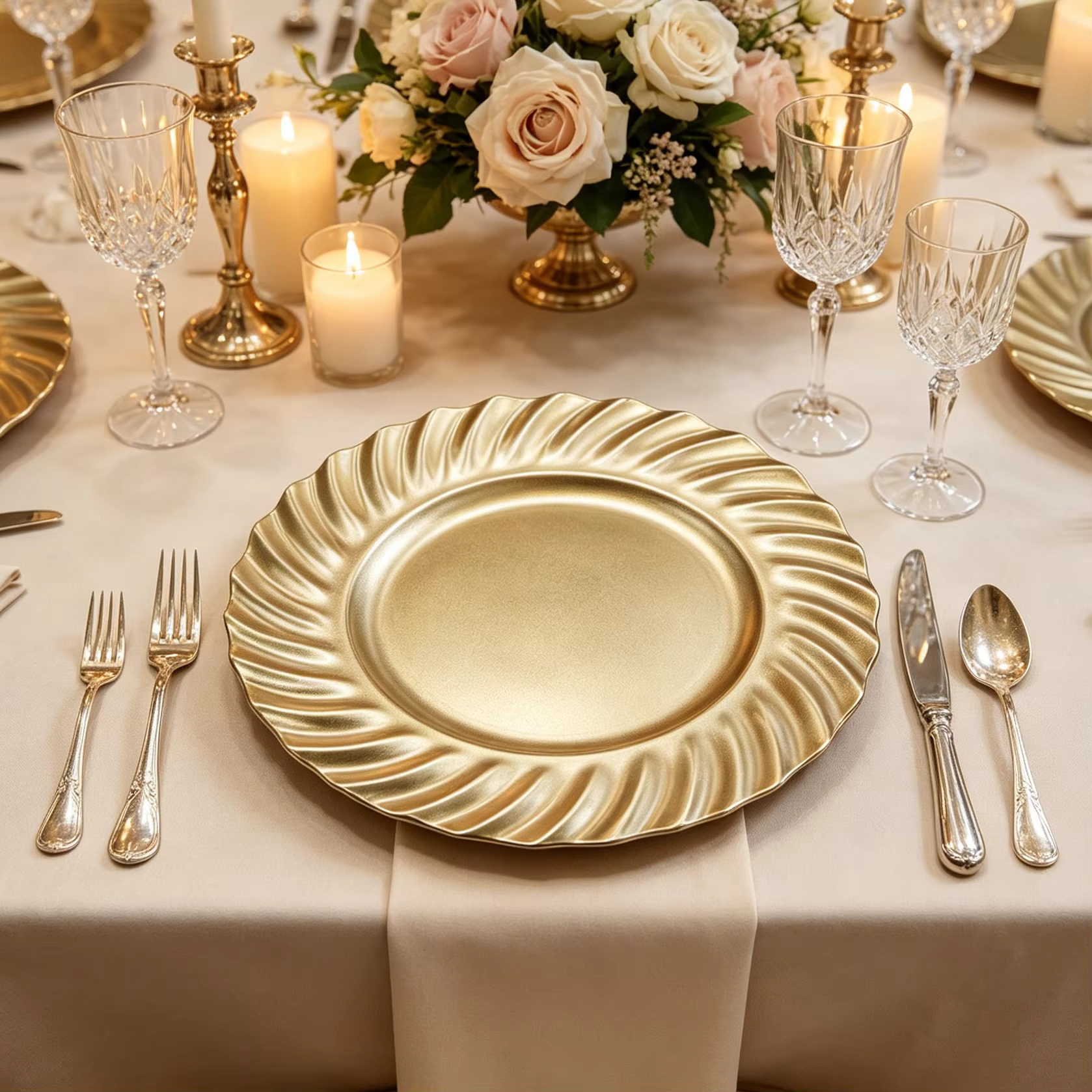 high quality eco friendly 13 inch gold swirl edge american style plastic charger plates for wedding banquet table setting-1