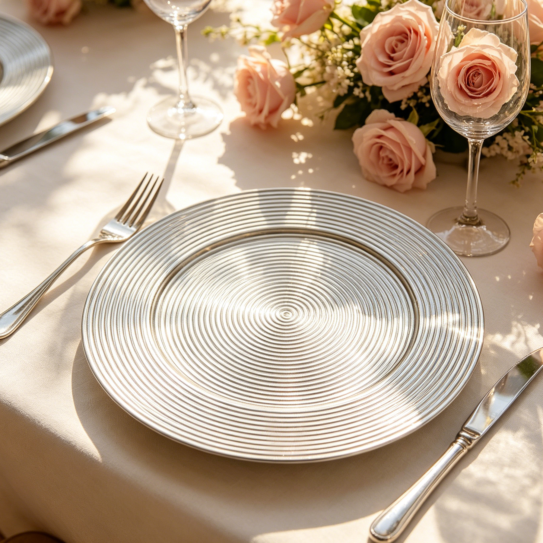 13inch multicolor charger plate powdercoated plastic decorative plate with concentric circle textured surface for hotel wedding table decor-2