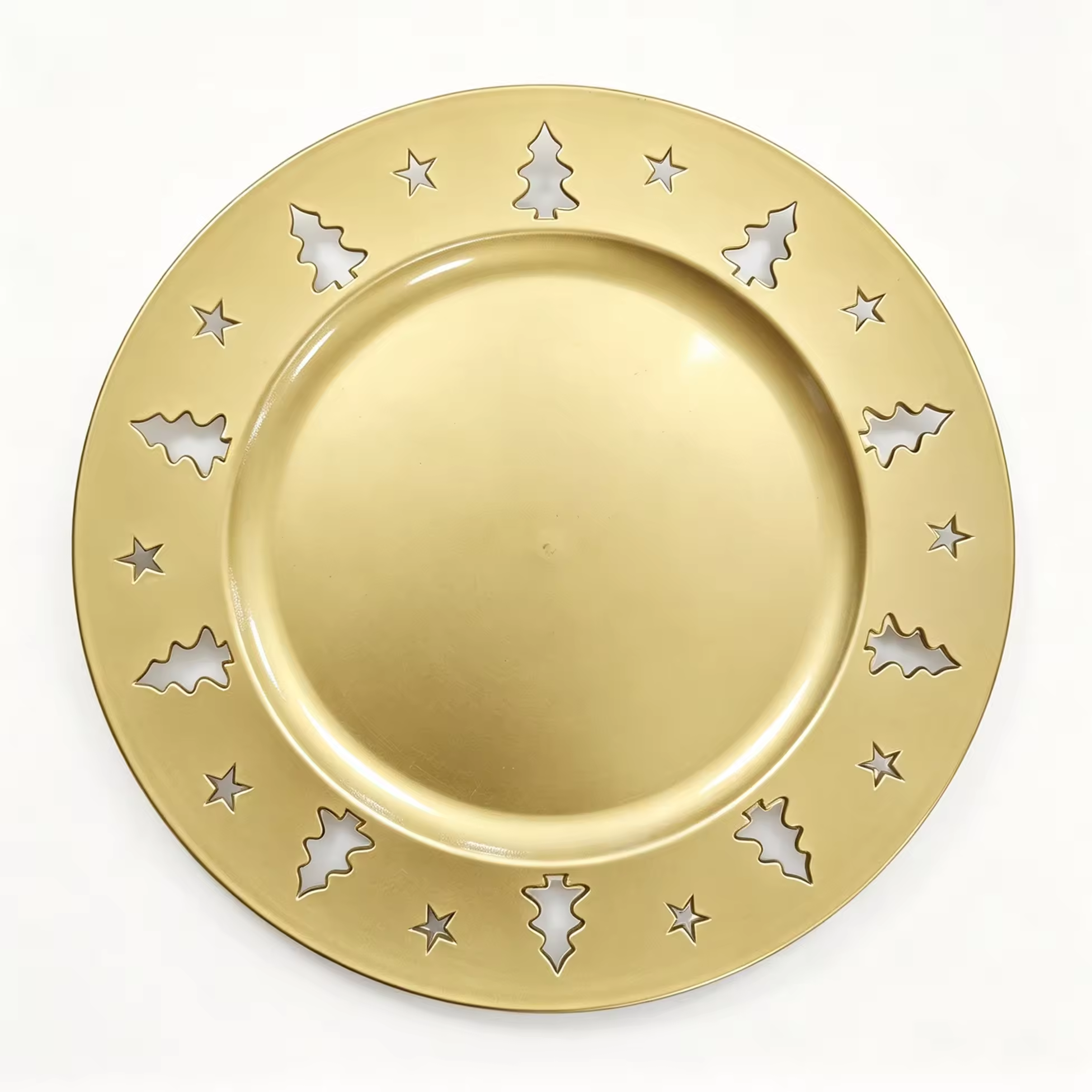 Woju 13‑Inch Round Glossy Gold Charger Plates, Cut‑Out Christmas‑Tree‑Star Rim PP Plastic Decor Underplates for Catering Banquet Christmas Event Rental