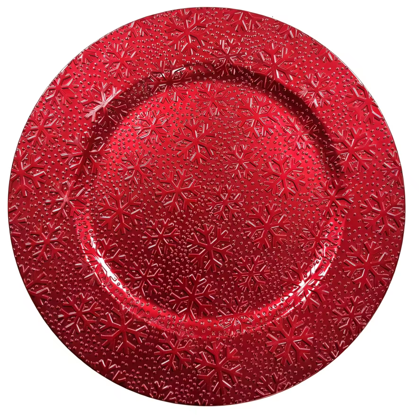 Woju Red PP Plastic Charger Plates, Embossed 3D Snowflake Pattern Decorative Underplates for Christmas, Holiday, Wedding & Hotel Banquet Table Setting