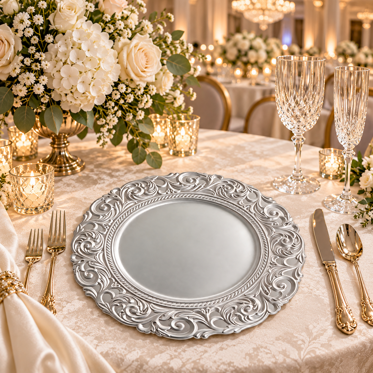 woju refined 13in silver wedding plates powder coated plastic charger plates with ornate edge for formal dinner decor-1