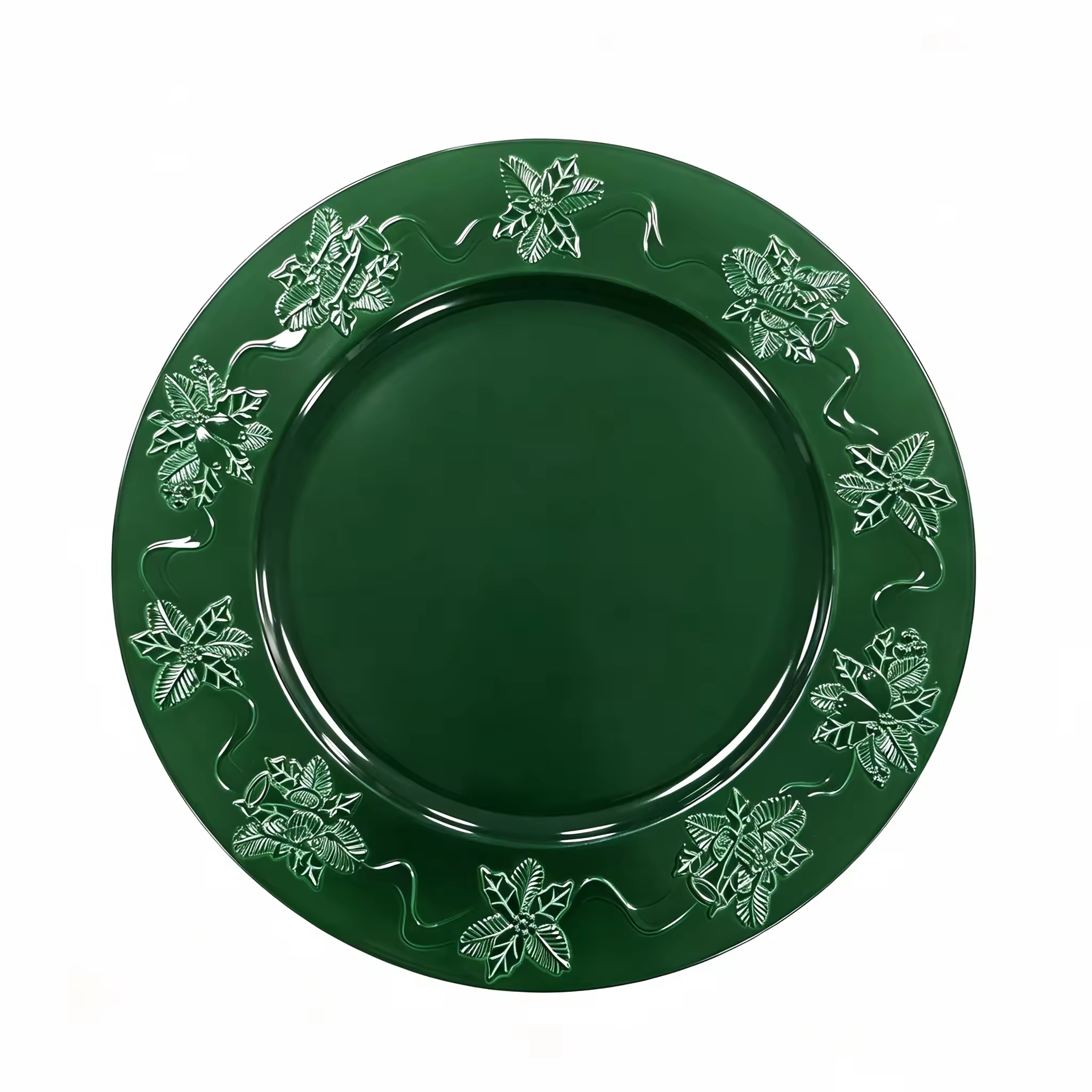 13in Plastic Charger Plate Powder Coated Luxury Embossed Floral Rim Elegant Green Table Decor for Wedding Reception