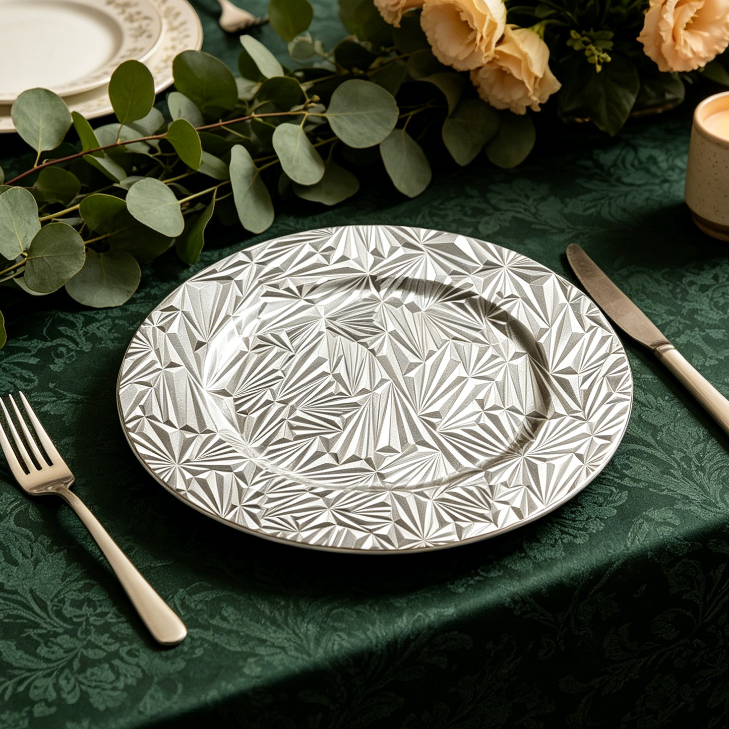 hot new silver diamond cut durable pp charger plates round for modern and glam wedding table settings-4