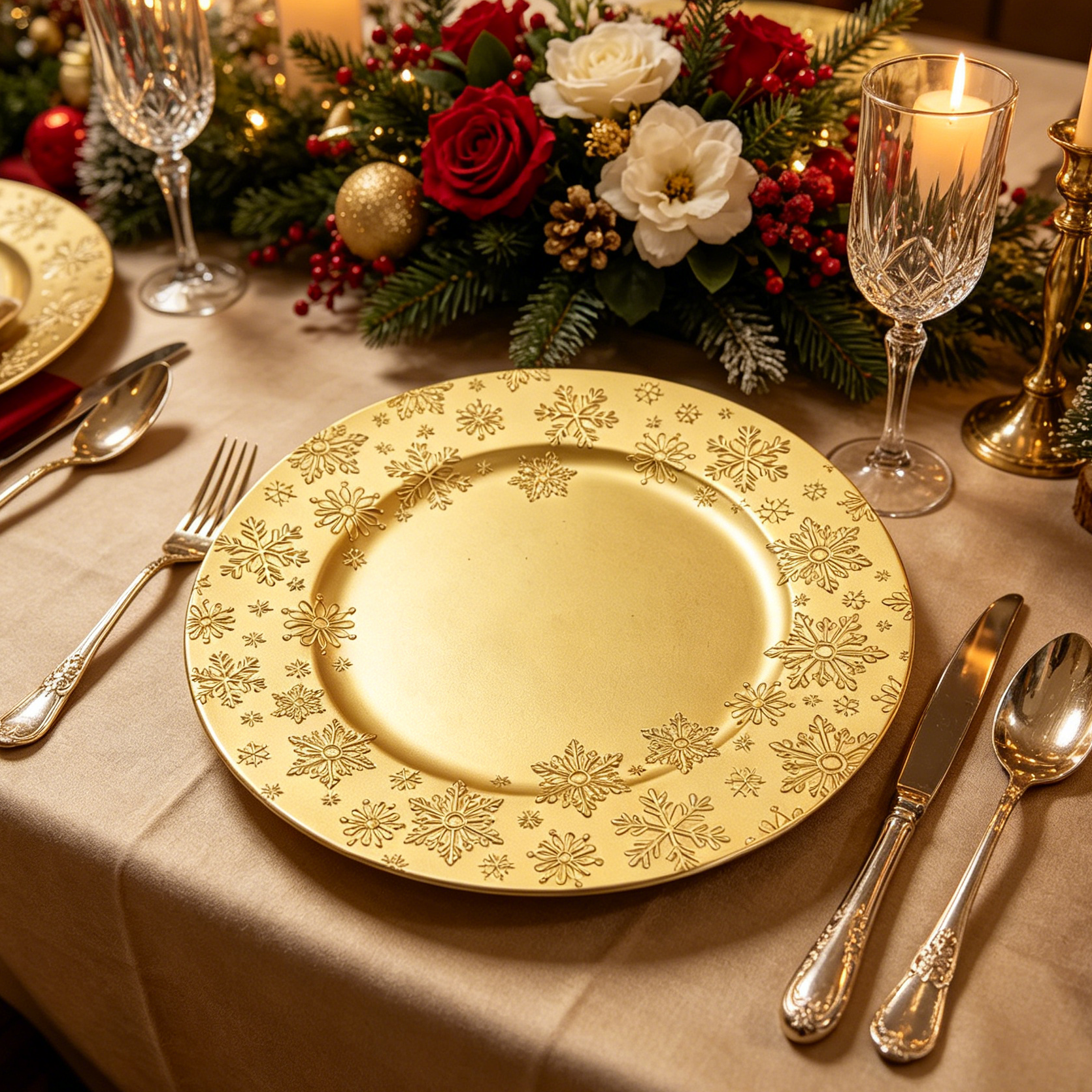 13 inch gold snowflake embossed charger plates for christmas dinner and holiday party table setting-1